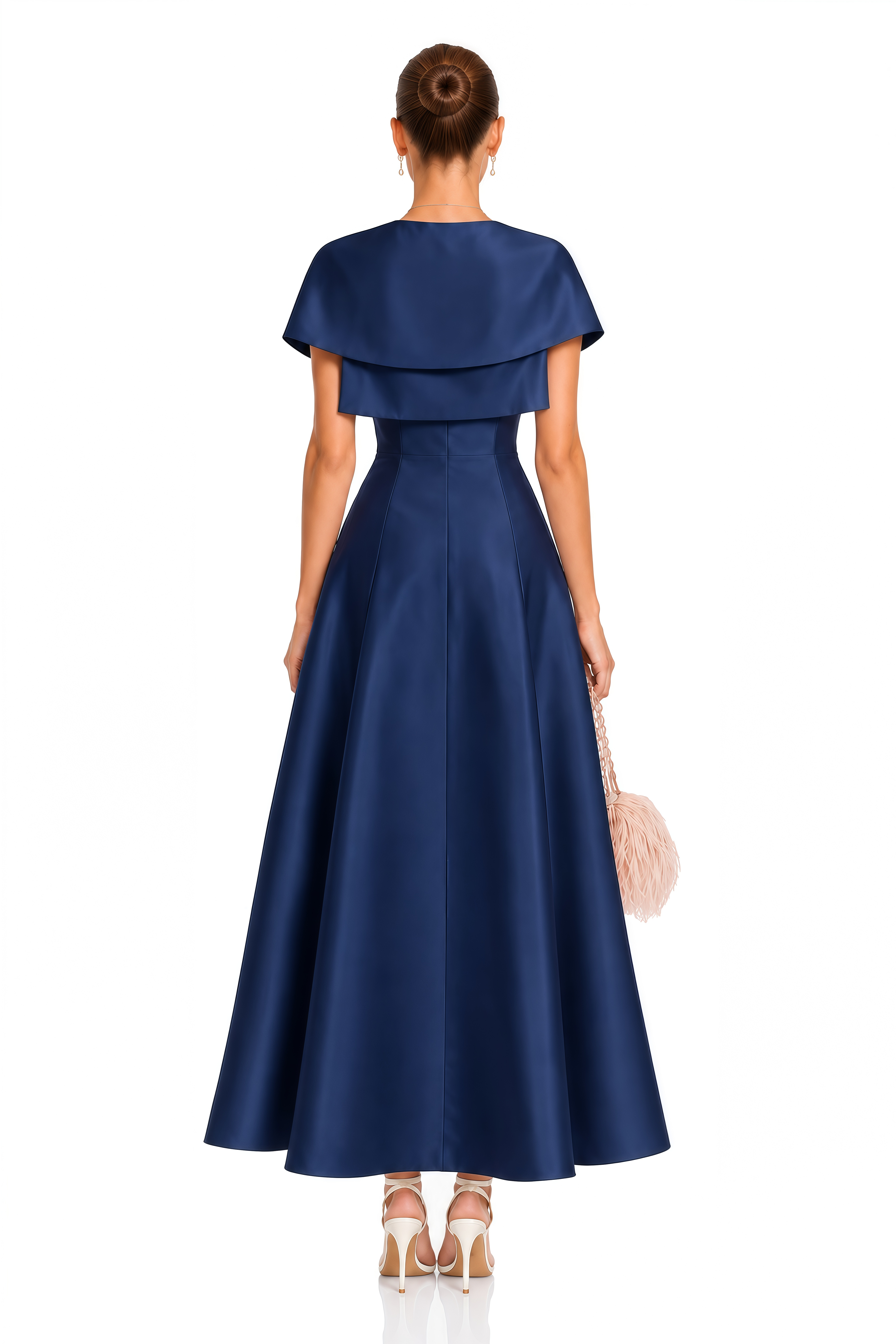 Cora Navy Blue Spaghetti Strap A-Line Midi Dress with Cape
