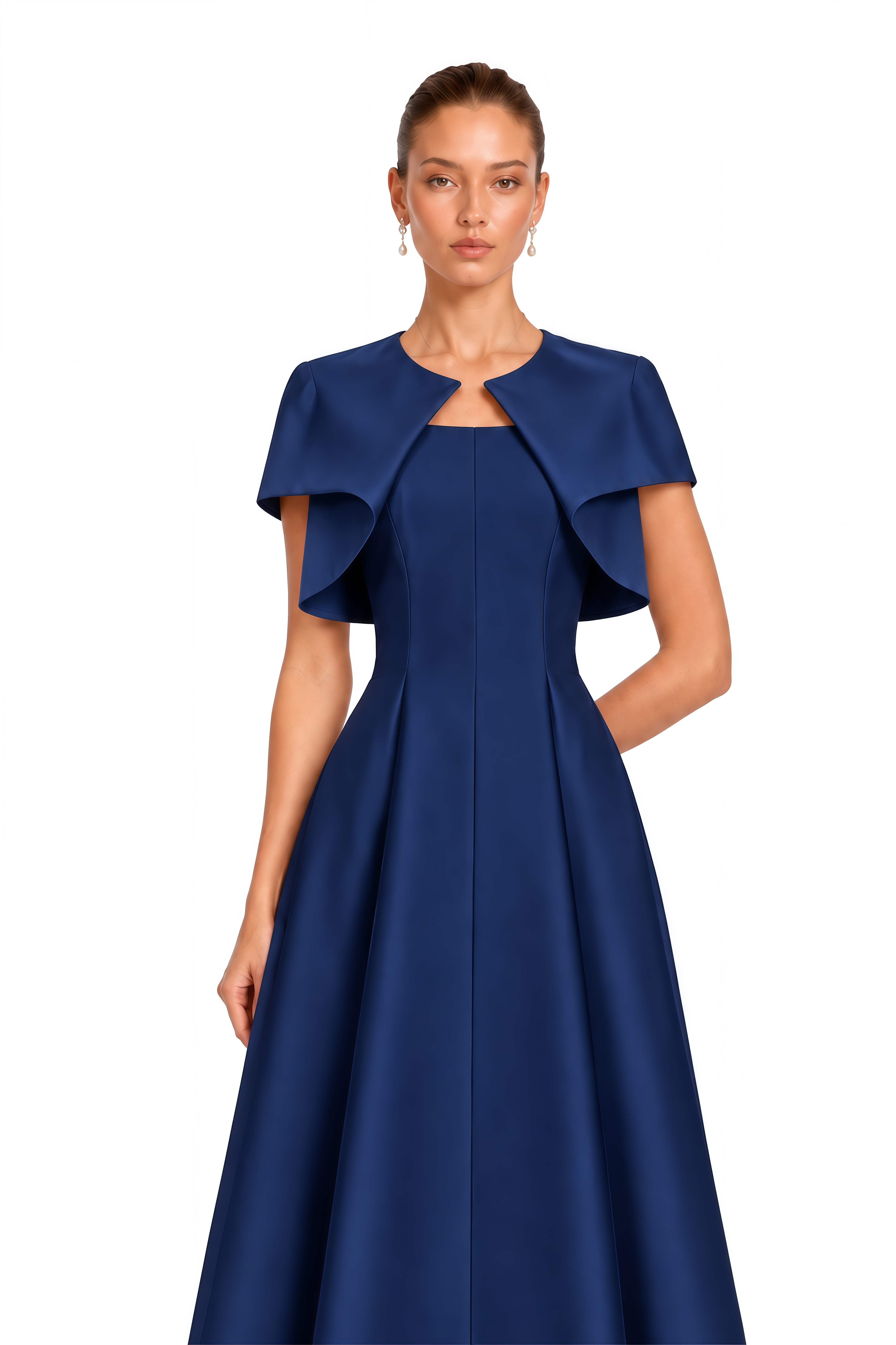 Cora Navy Blue Spaghetti Strap A-Line Midi Dress with Cape