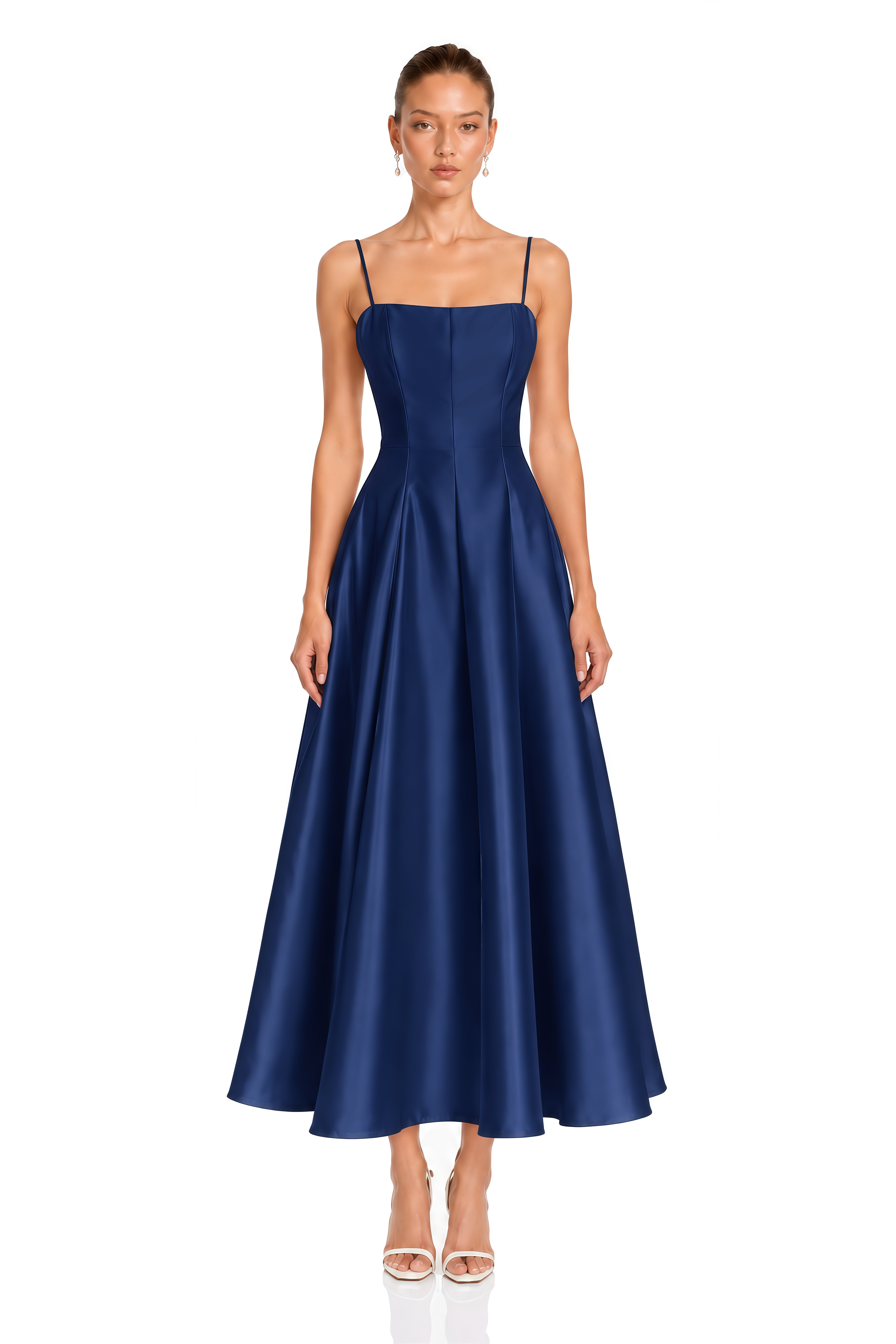 Cora Navy Blue Spaghetti Strap A-Line Midi Dress with Cape