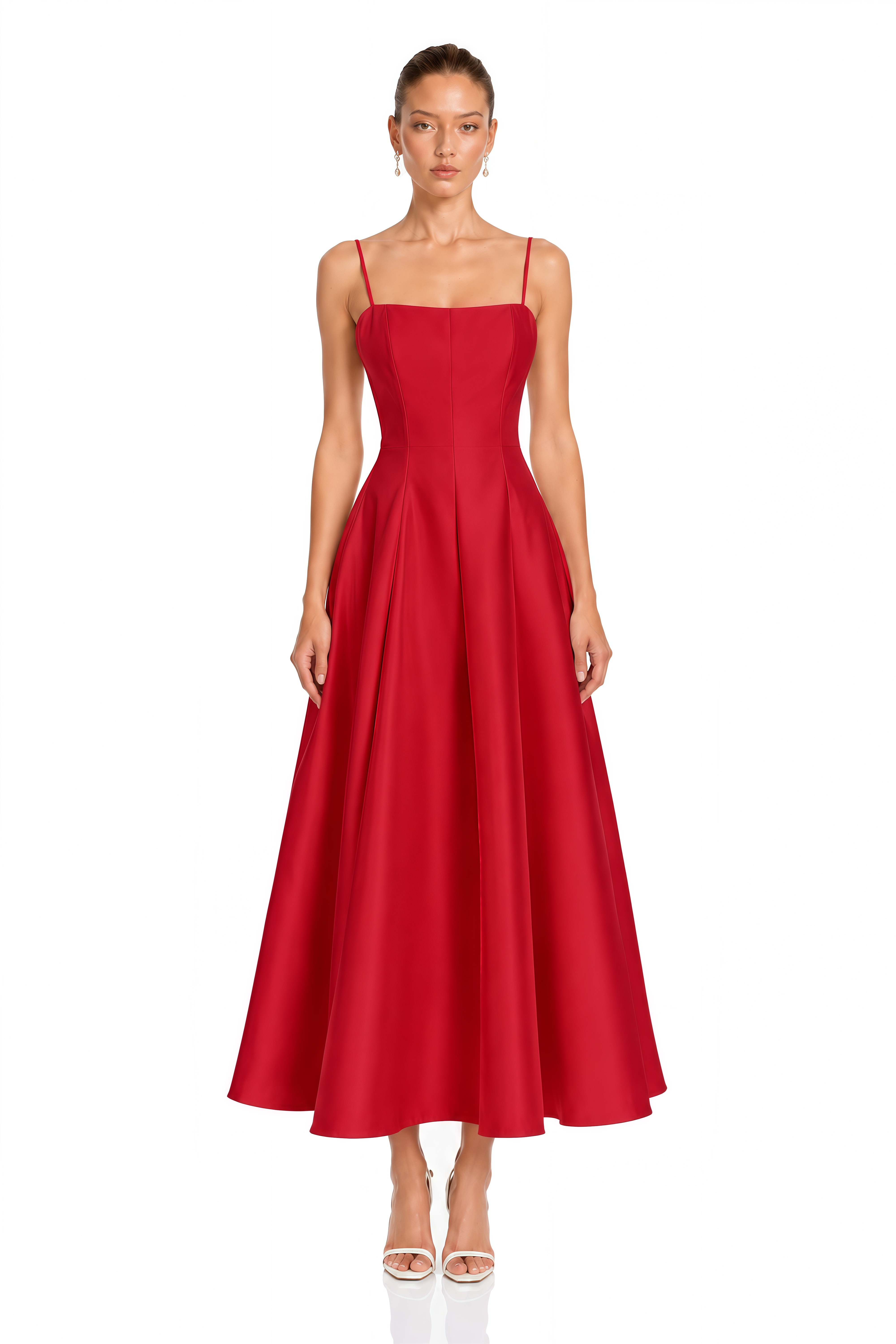Cora Red Spaghetti Strap A-Line Midi Dress with Cape