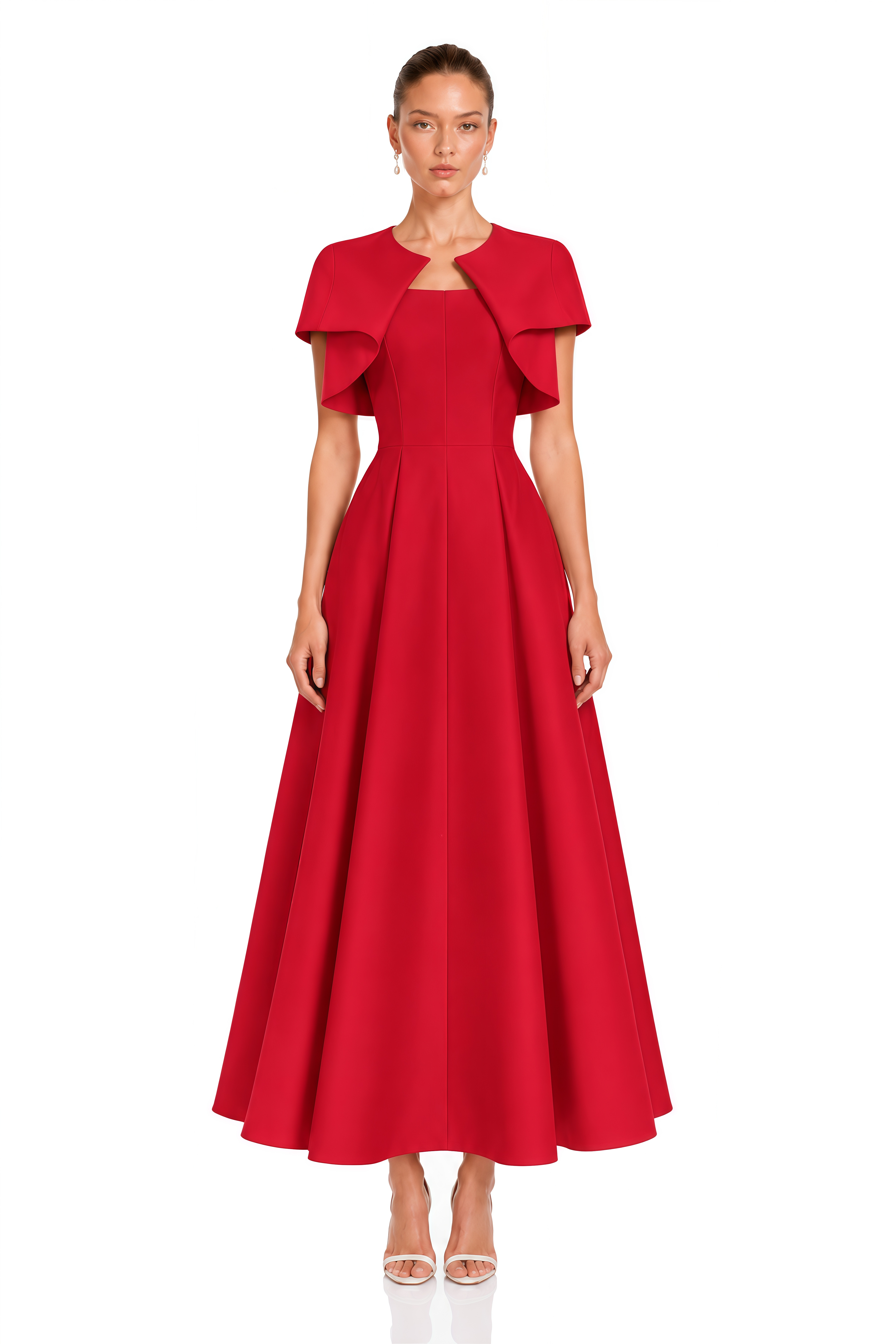 Cora Red Spaghetti Strap A-Line Midi Dress with Cape