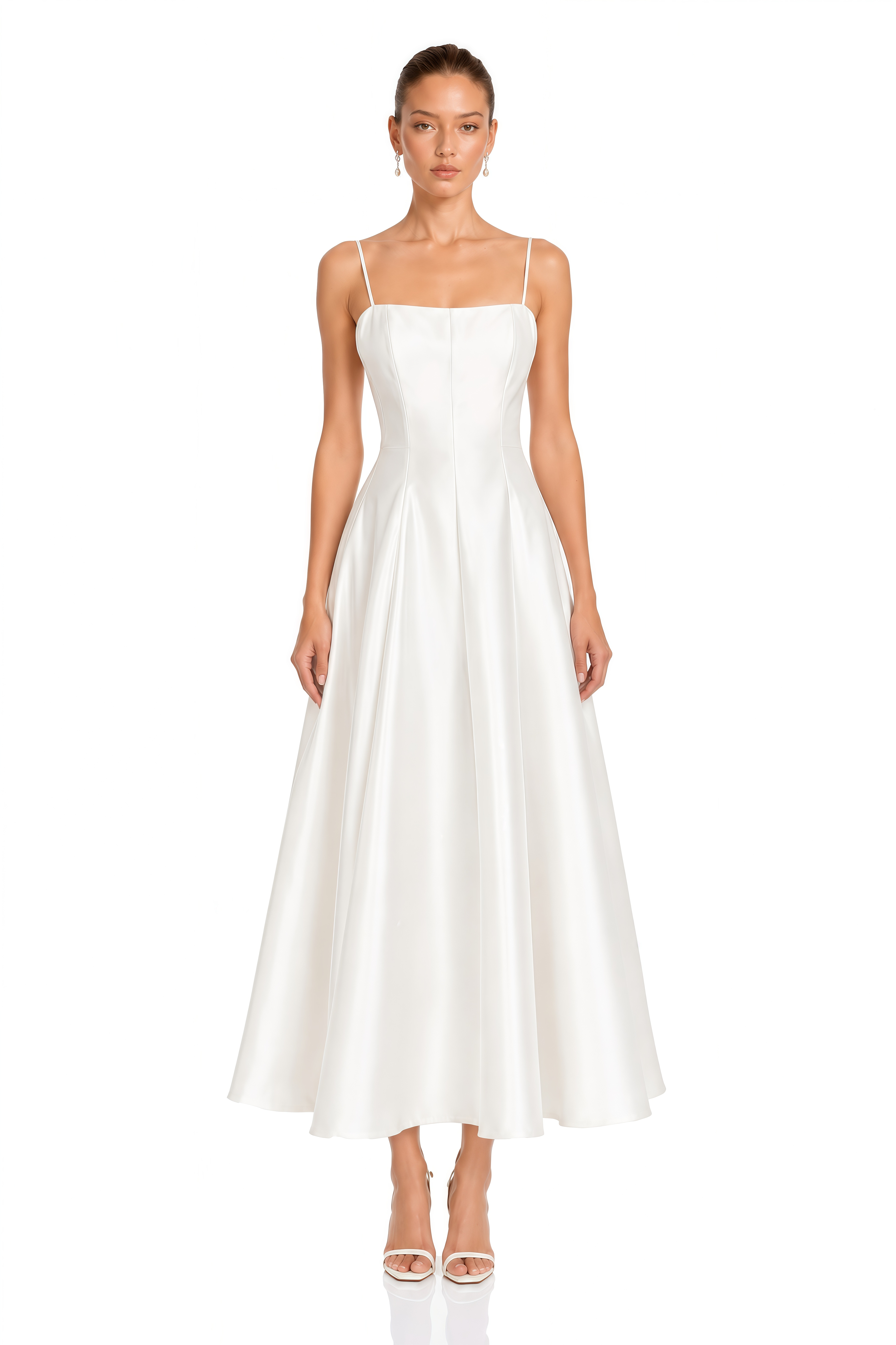 Cora White Spaghetti Strap A-Line Midi Dress with Cape