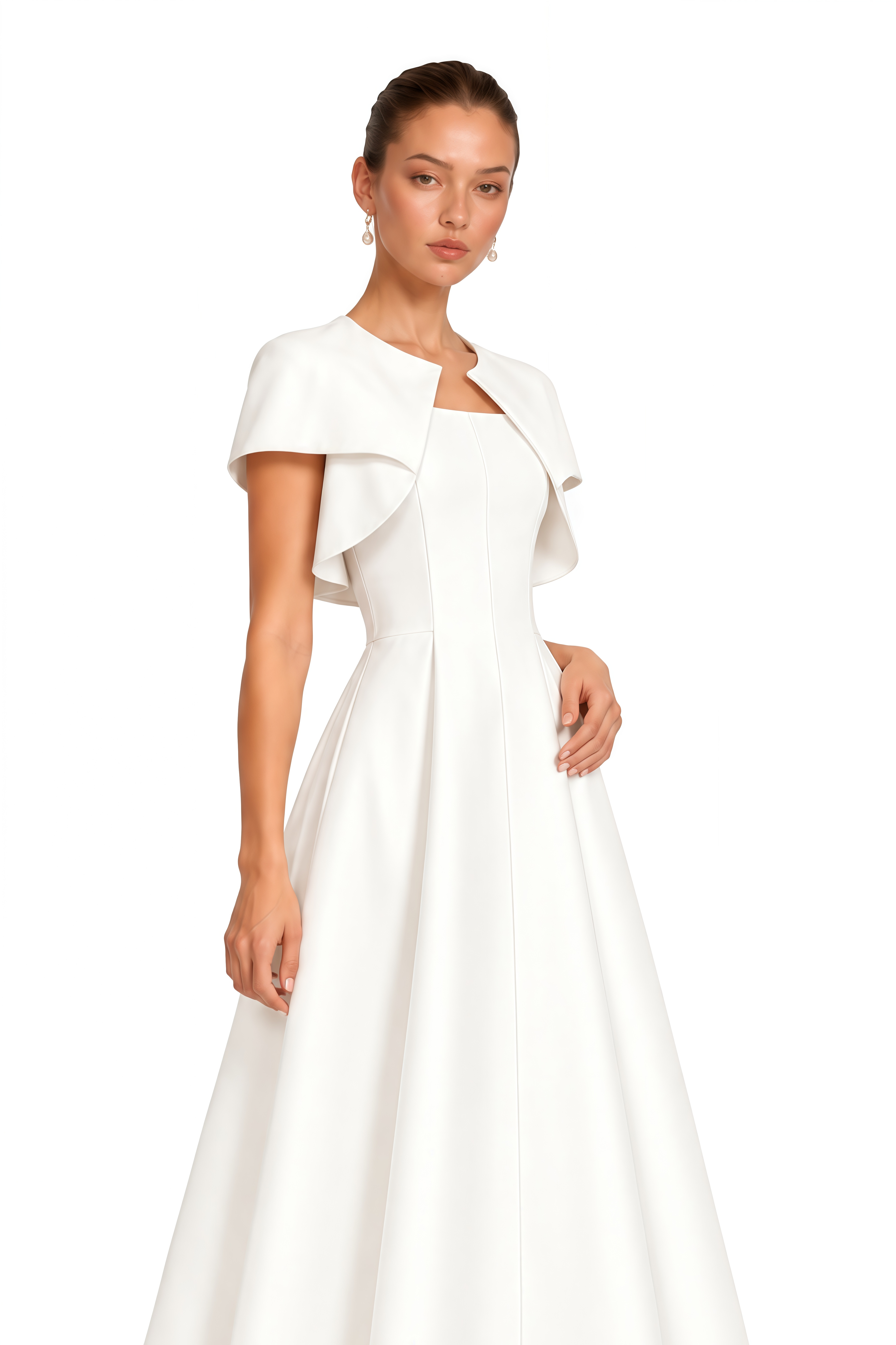 Cora White Spaghetti Strap A-Line Midi Dress with Cape