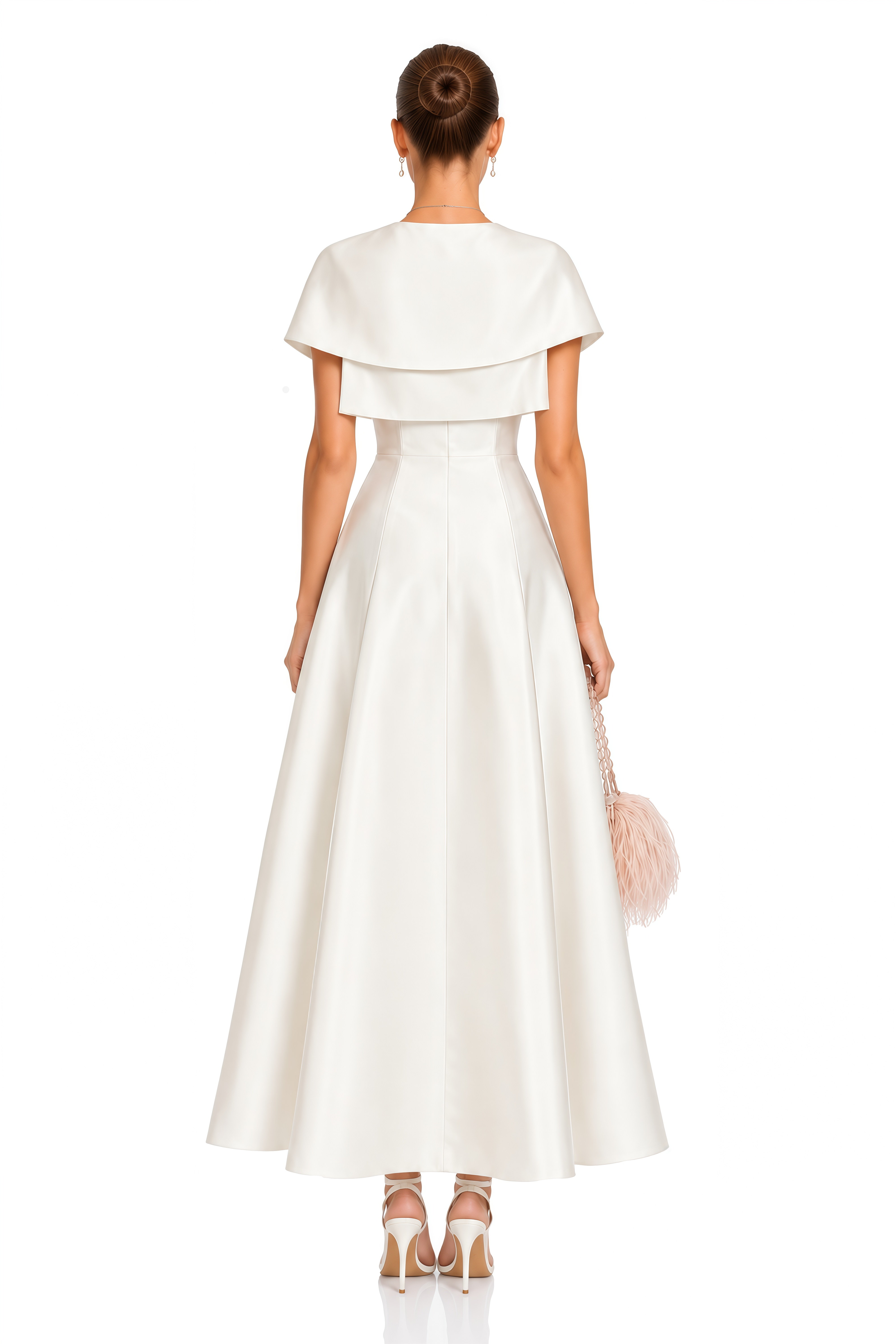 Cora White Spaghetti Strap A-Line Midi Dress with Cape