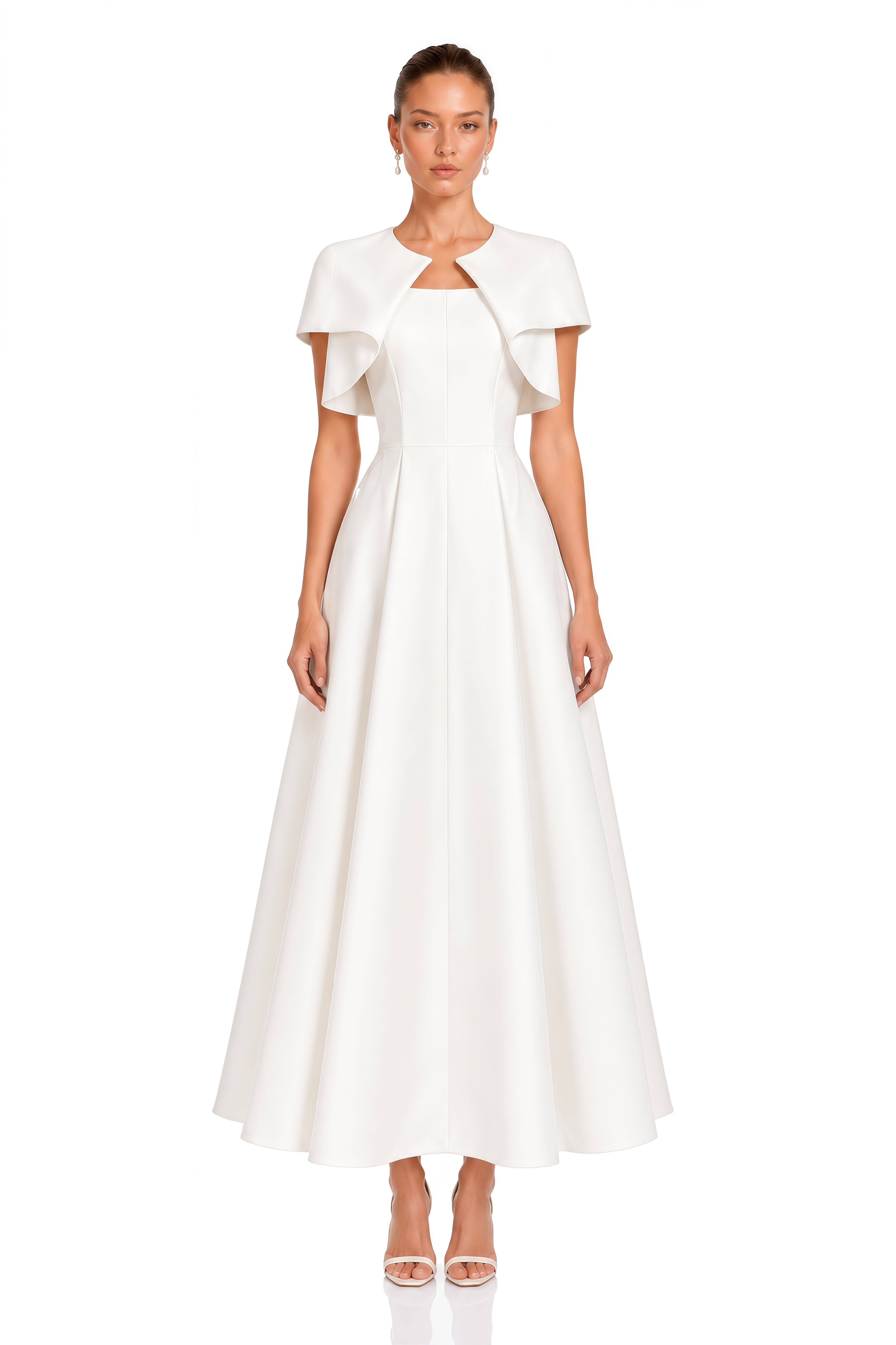 Cora White Spaghetti Strap A-Line Midi Dress with Cape