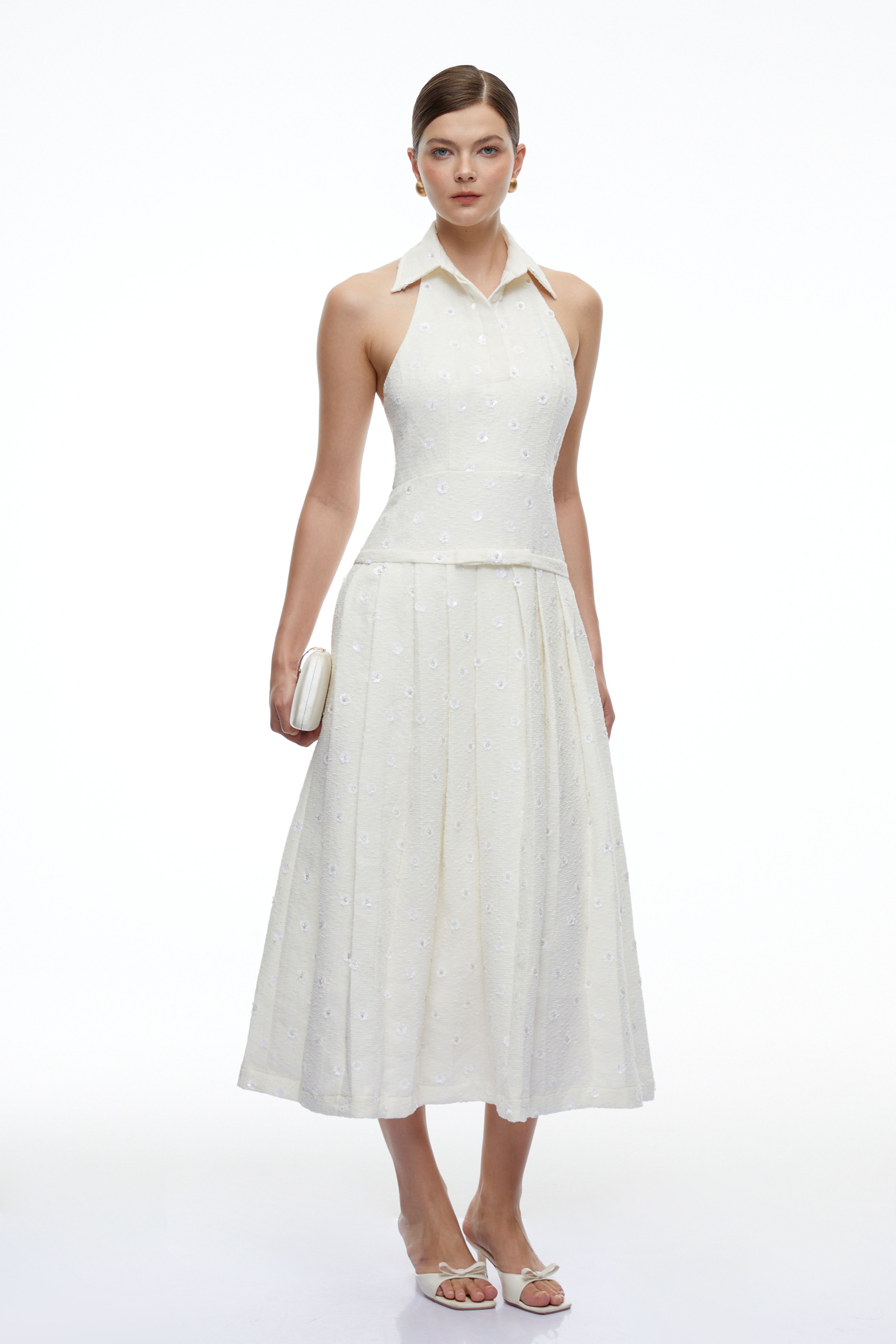 Coralie White Collared Halter Pleated Midi Dress