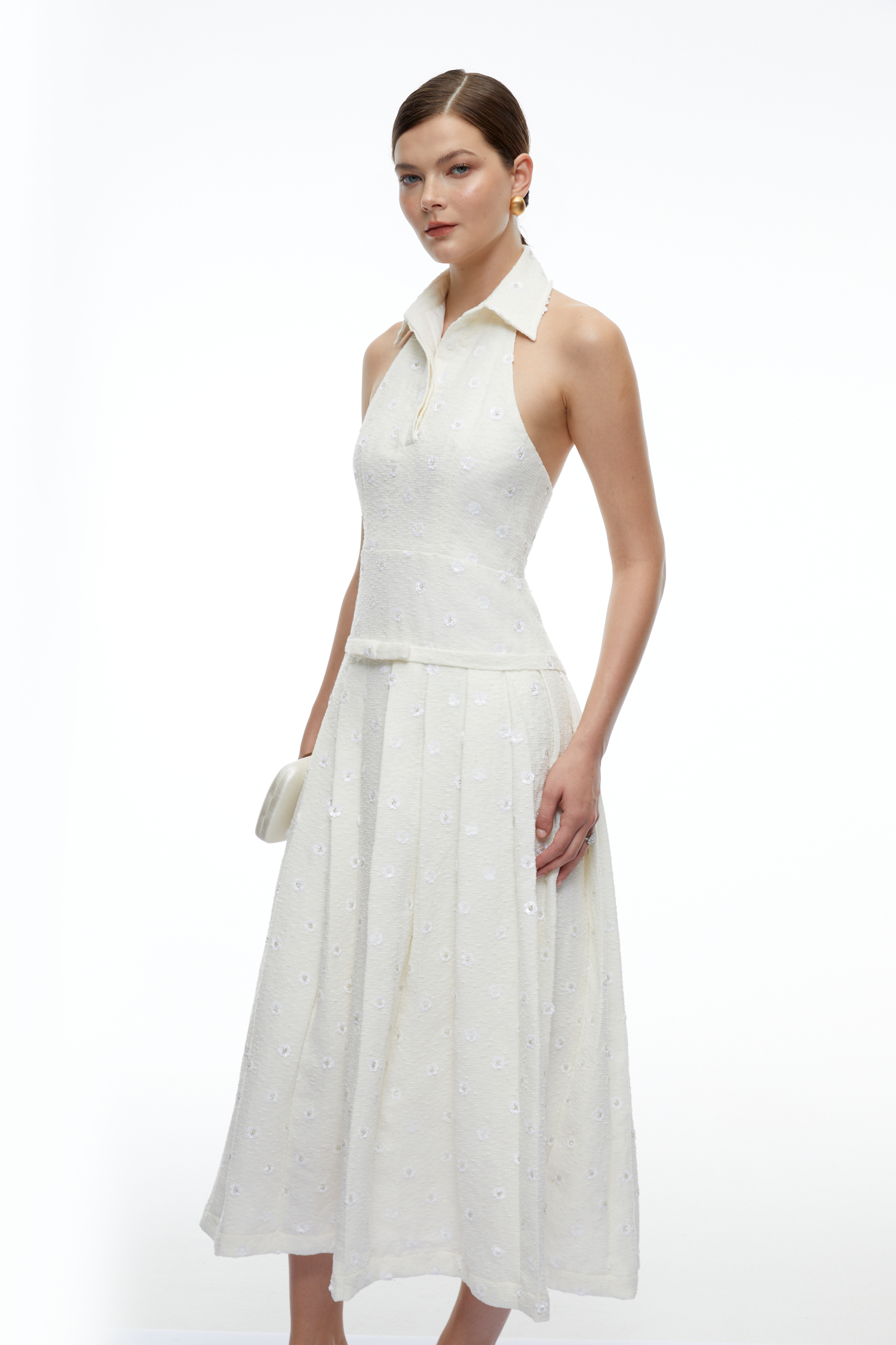 Coralie White Collared Halter Pleated Midi Dress
