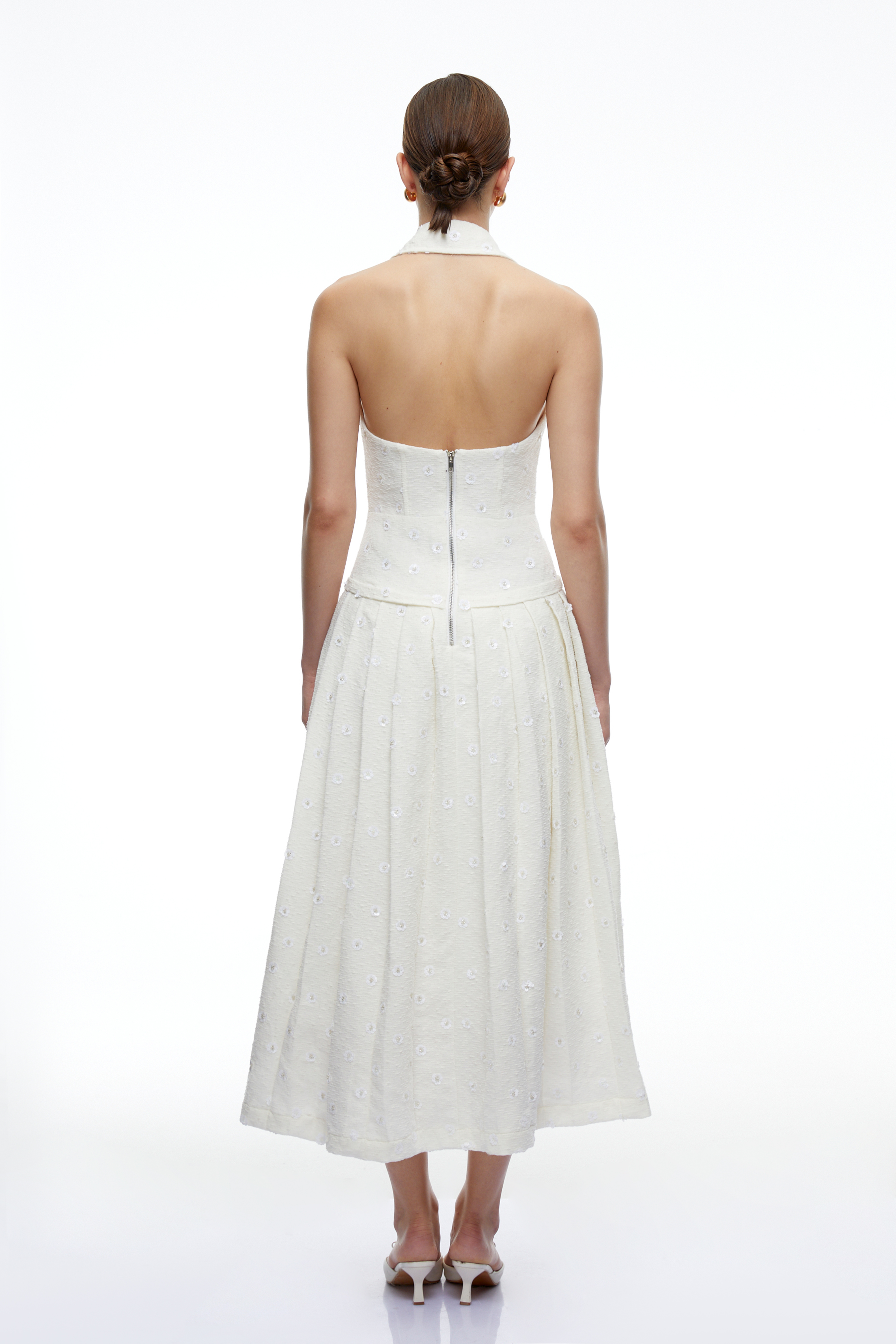 Coralie White Collared Halter Pleated Midi Dress