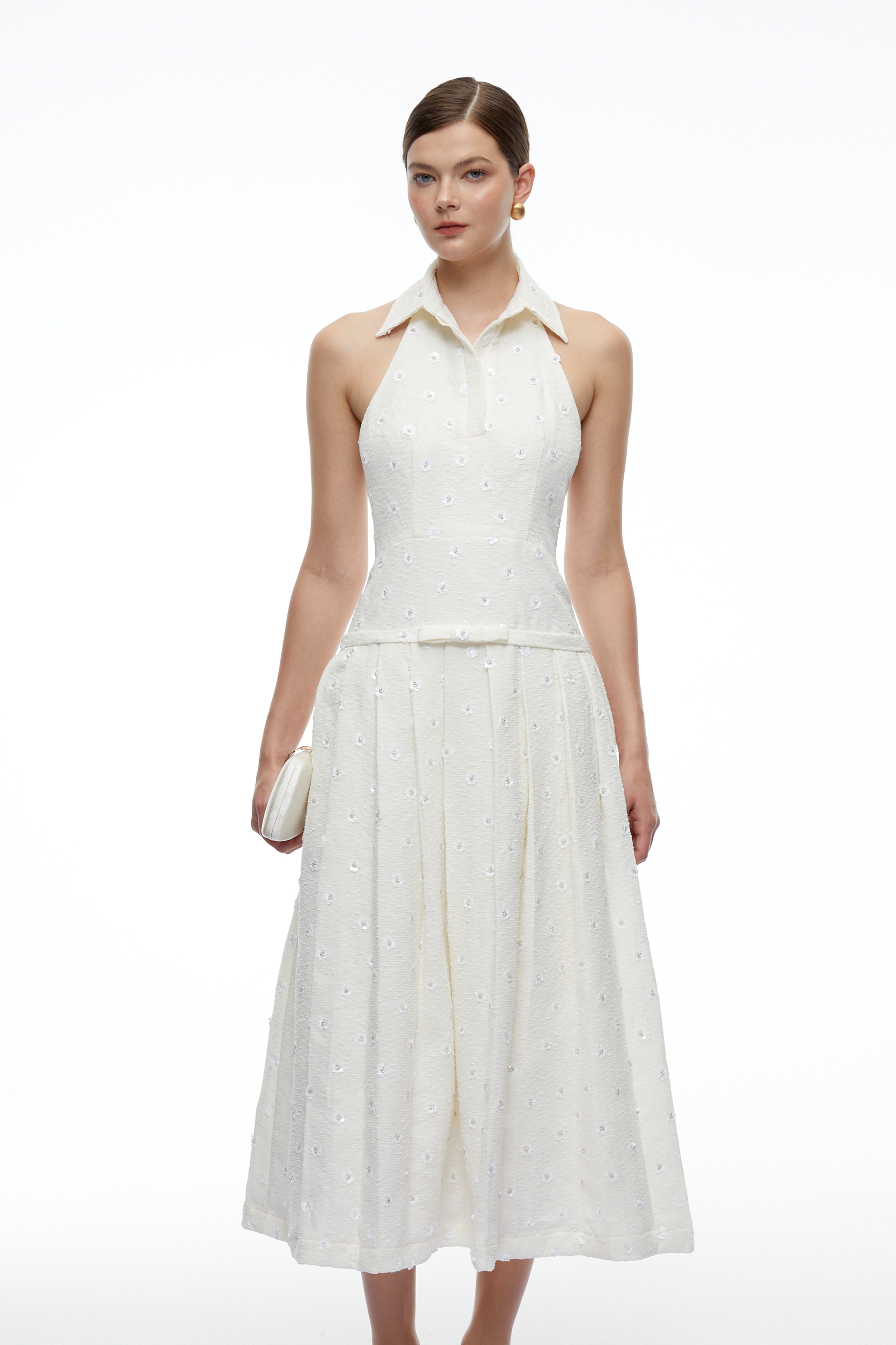 Coralie White Collared Halter Pleated Midi Dress