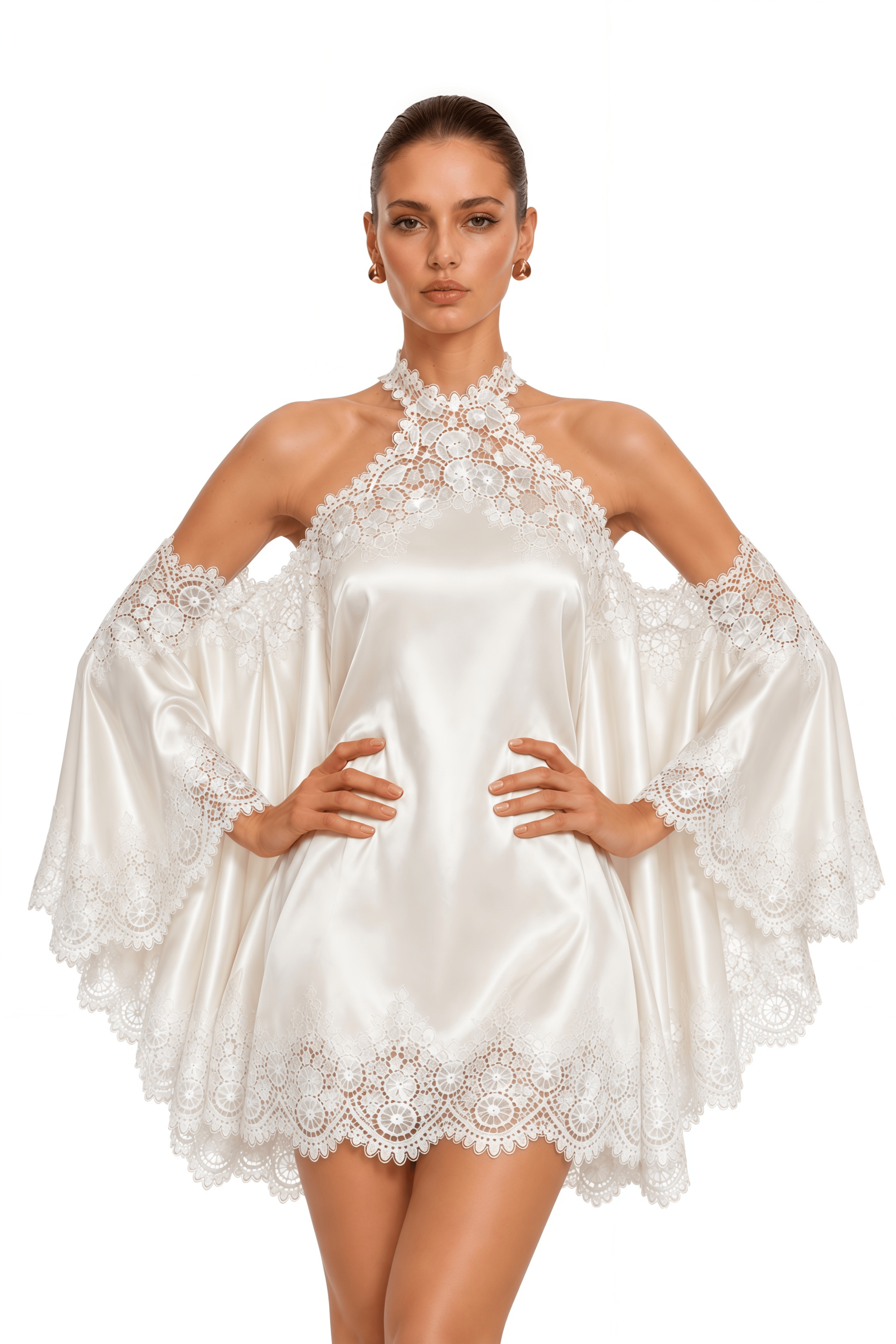 Coralie White Satin Lace Halter Mini Dress