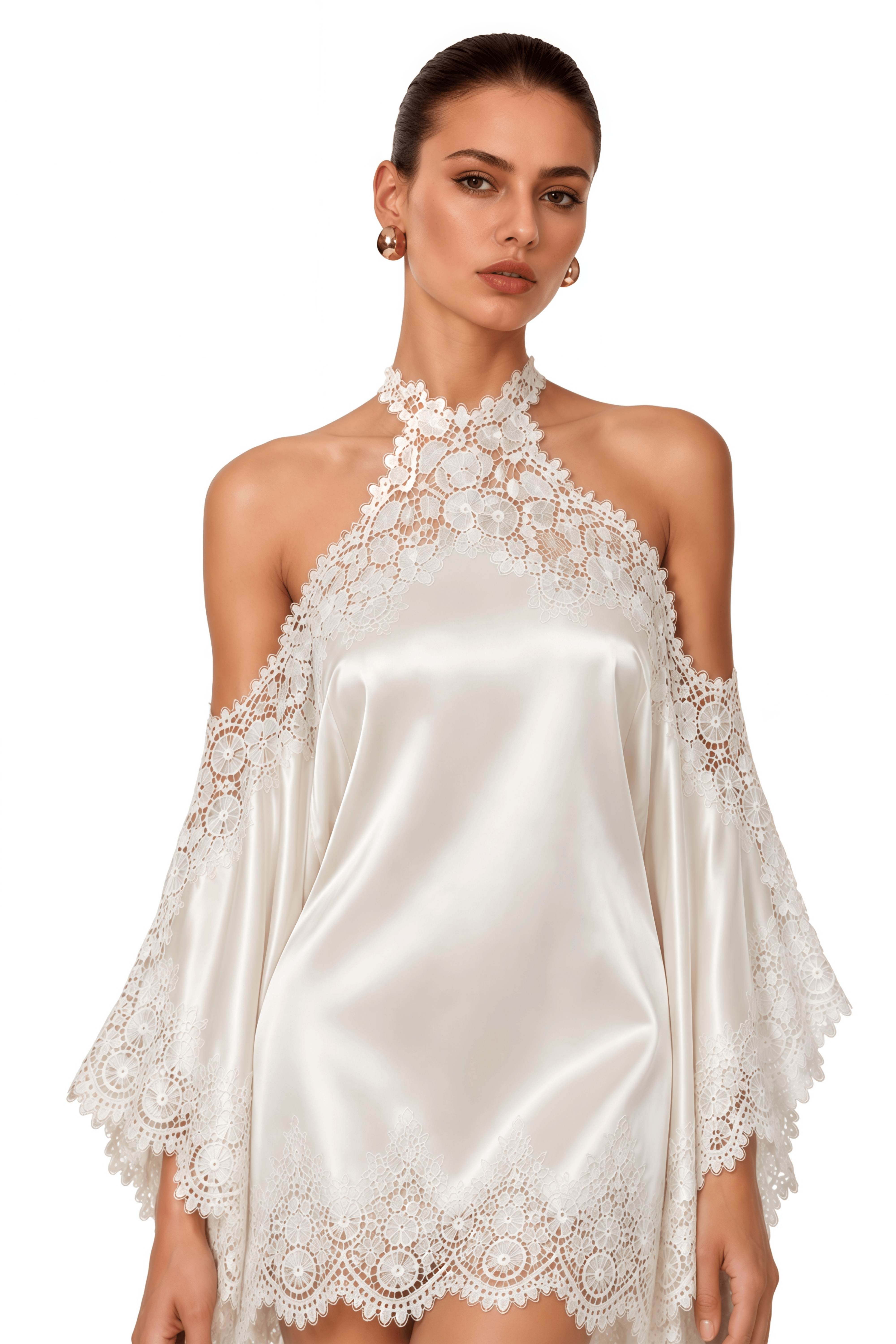 Coralie White Satin Lace Halter Mini Dress