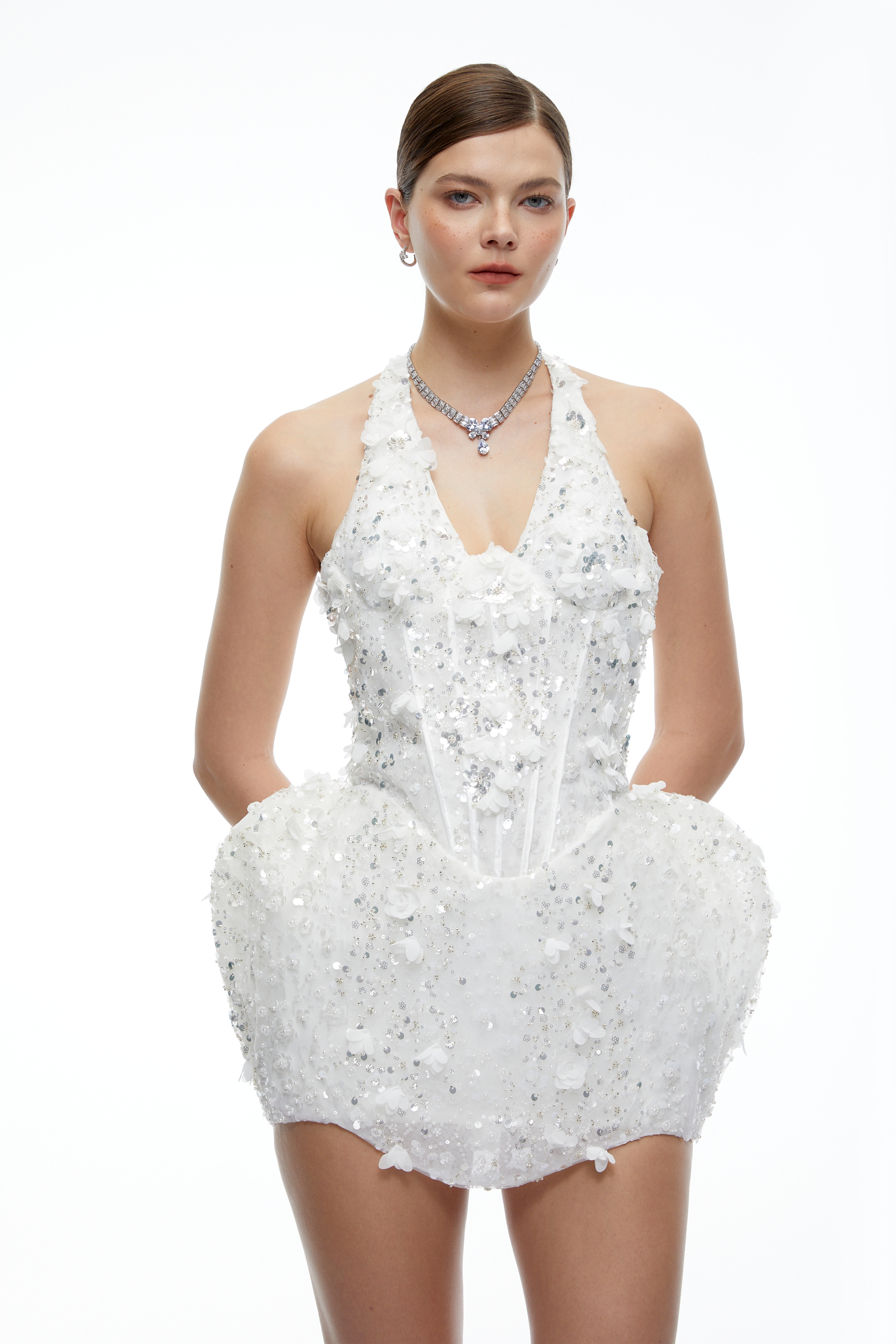 Coraline White Floral Appliqué Halterneck Mini Dress