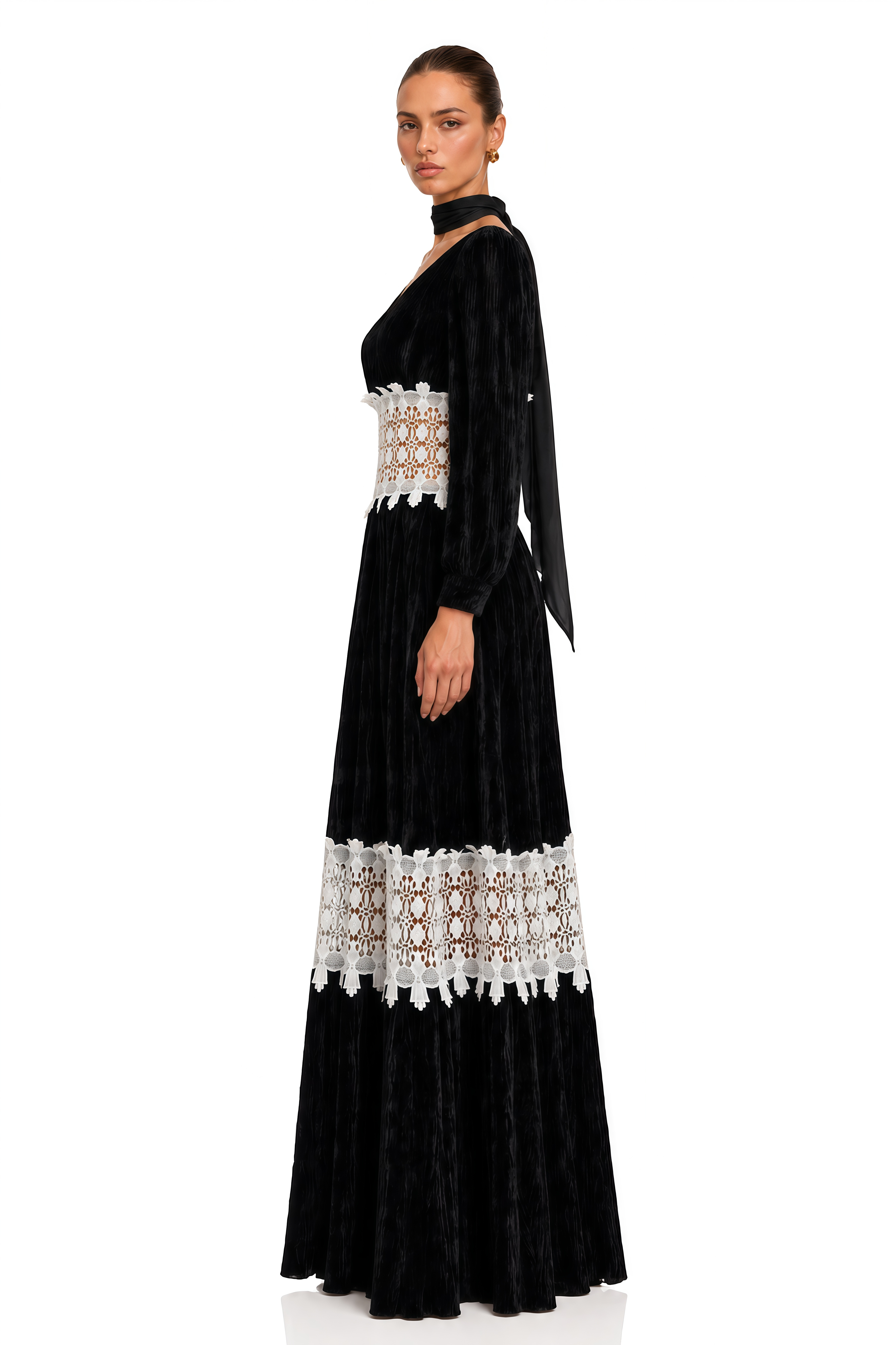 Coriselle Black Lace Trim Long Sleeve Maxi Dress