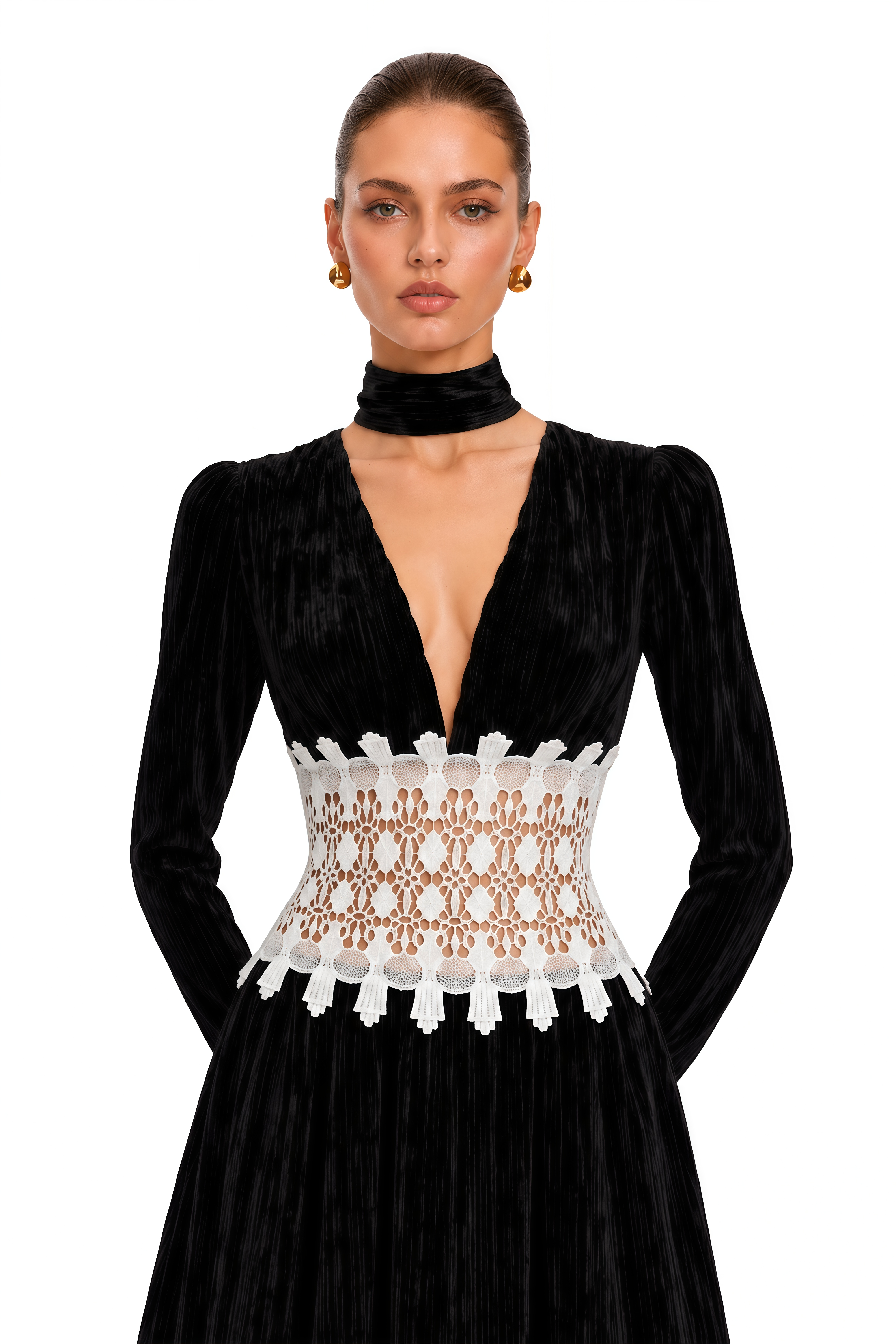 Coriselle Black Lace Trim Long Sleeve Maxi Dress