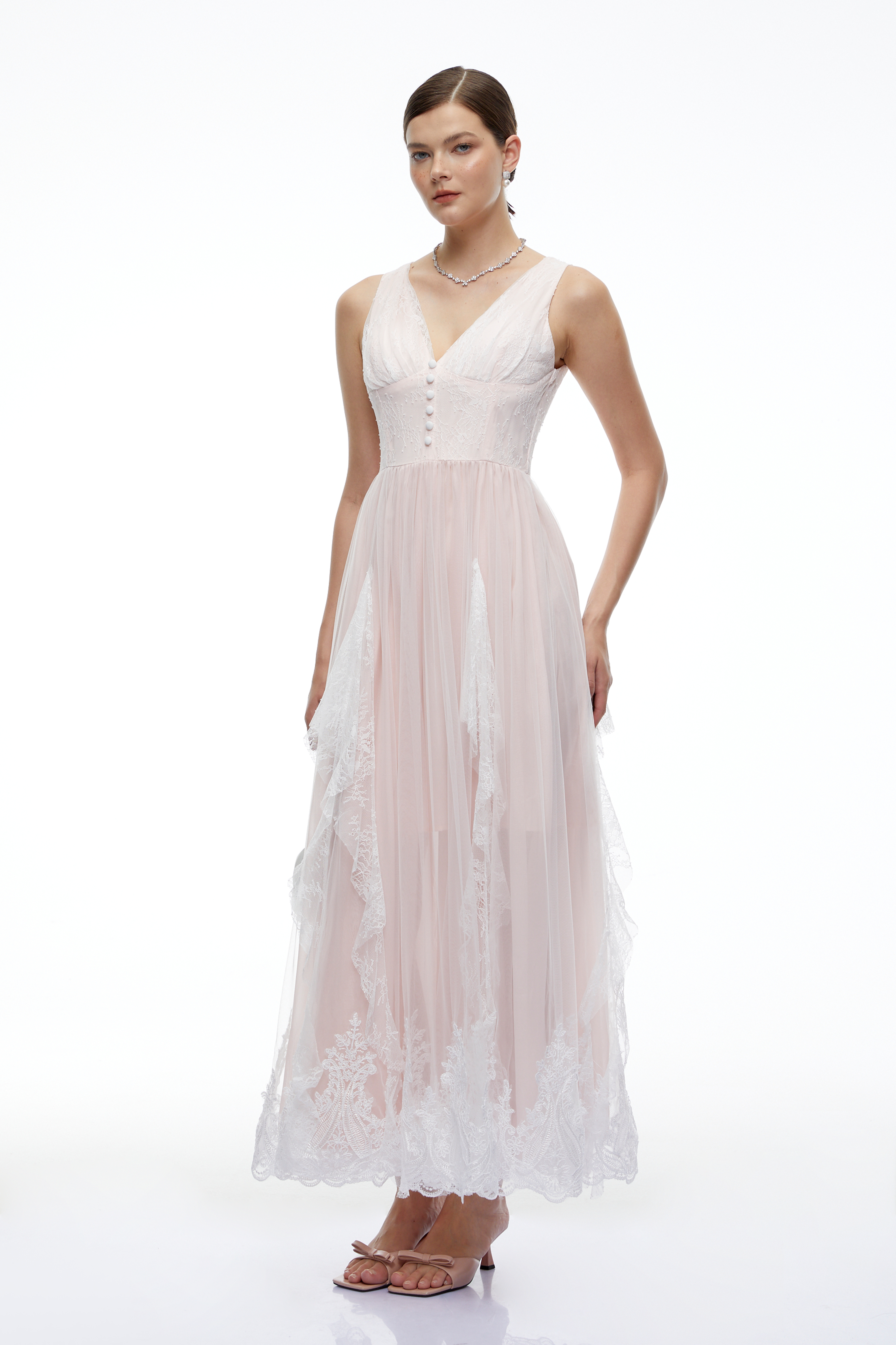 Cosette Pink Lace Plunging Maxi Dress