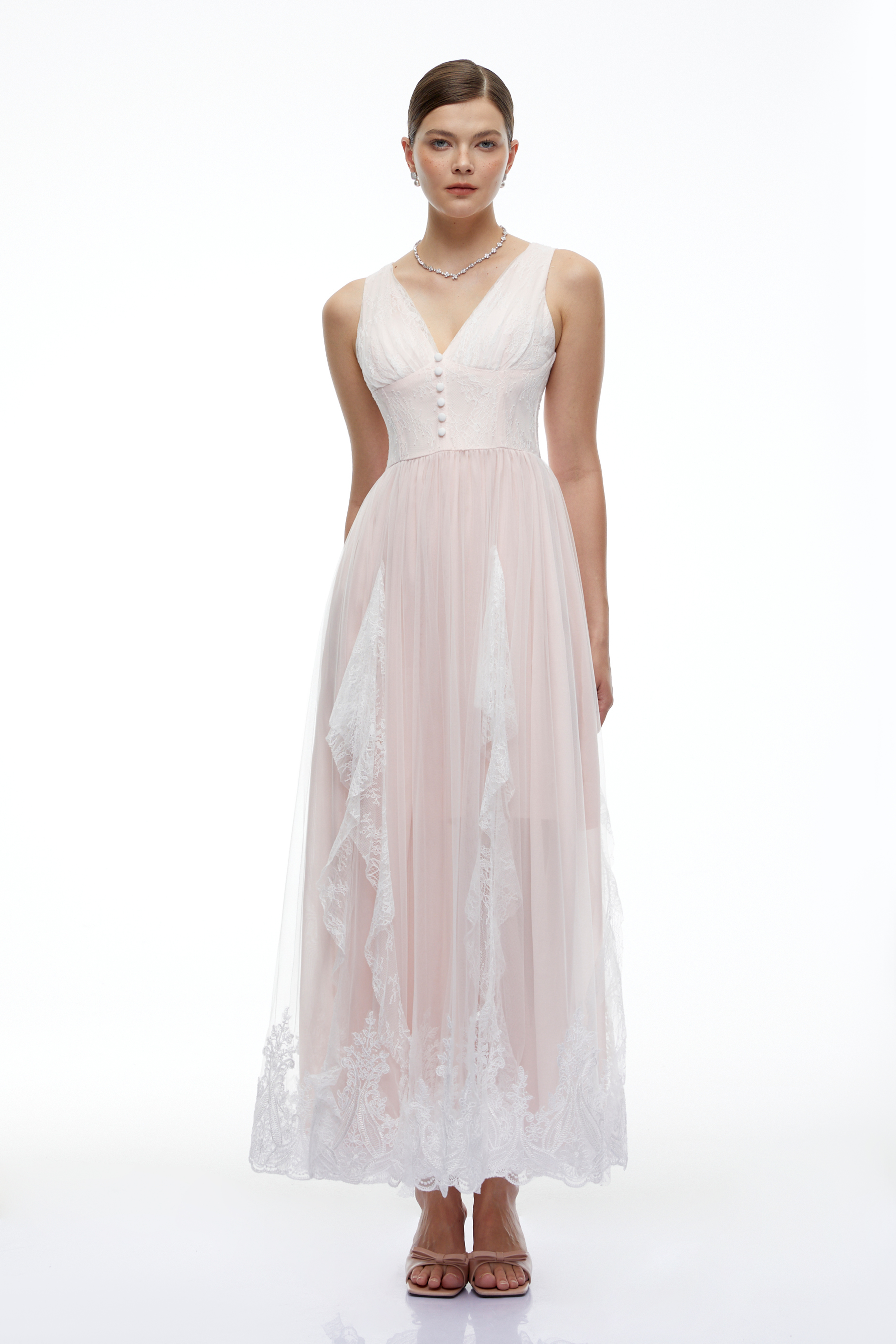 Cosette Pink Lace Plunging Maxi Dress