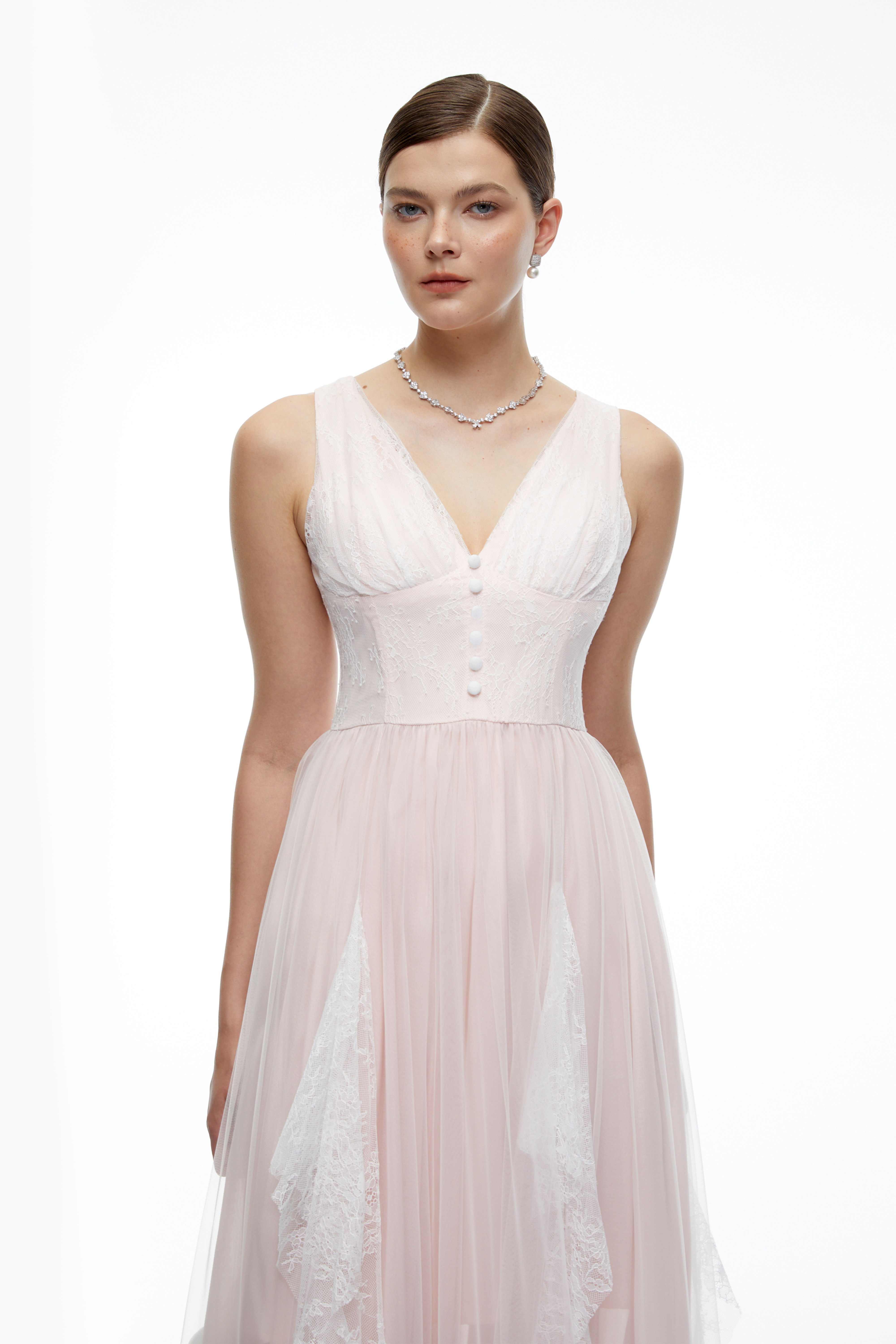Cosette Pink Lace Plunging Maxi Dress
