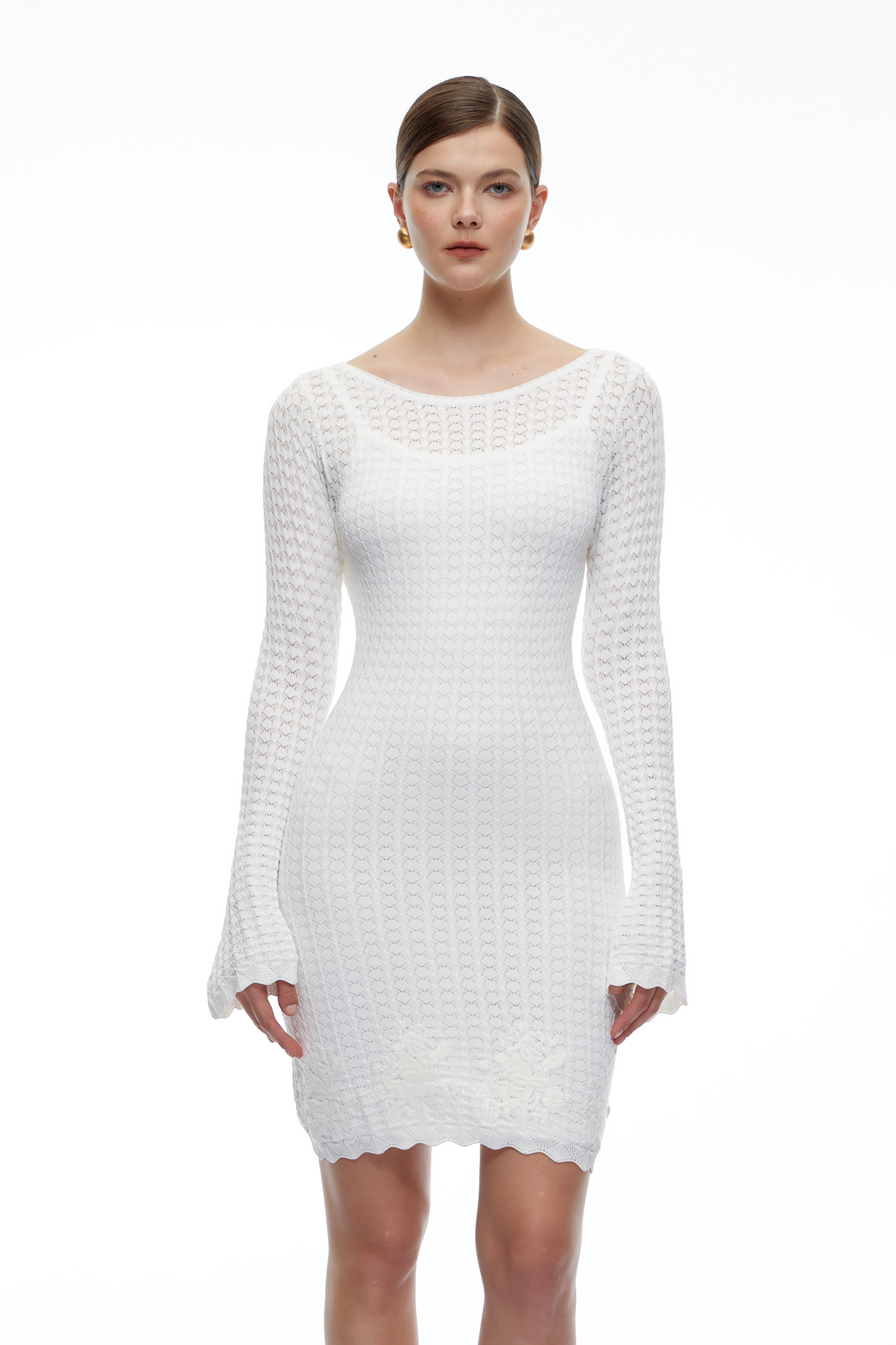 Cosima White Crochet Long Sleeves Mini Dress