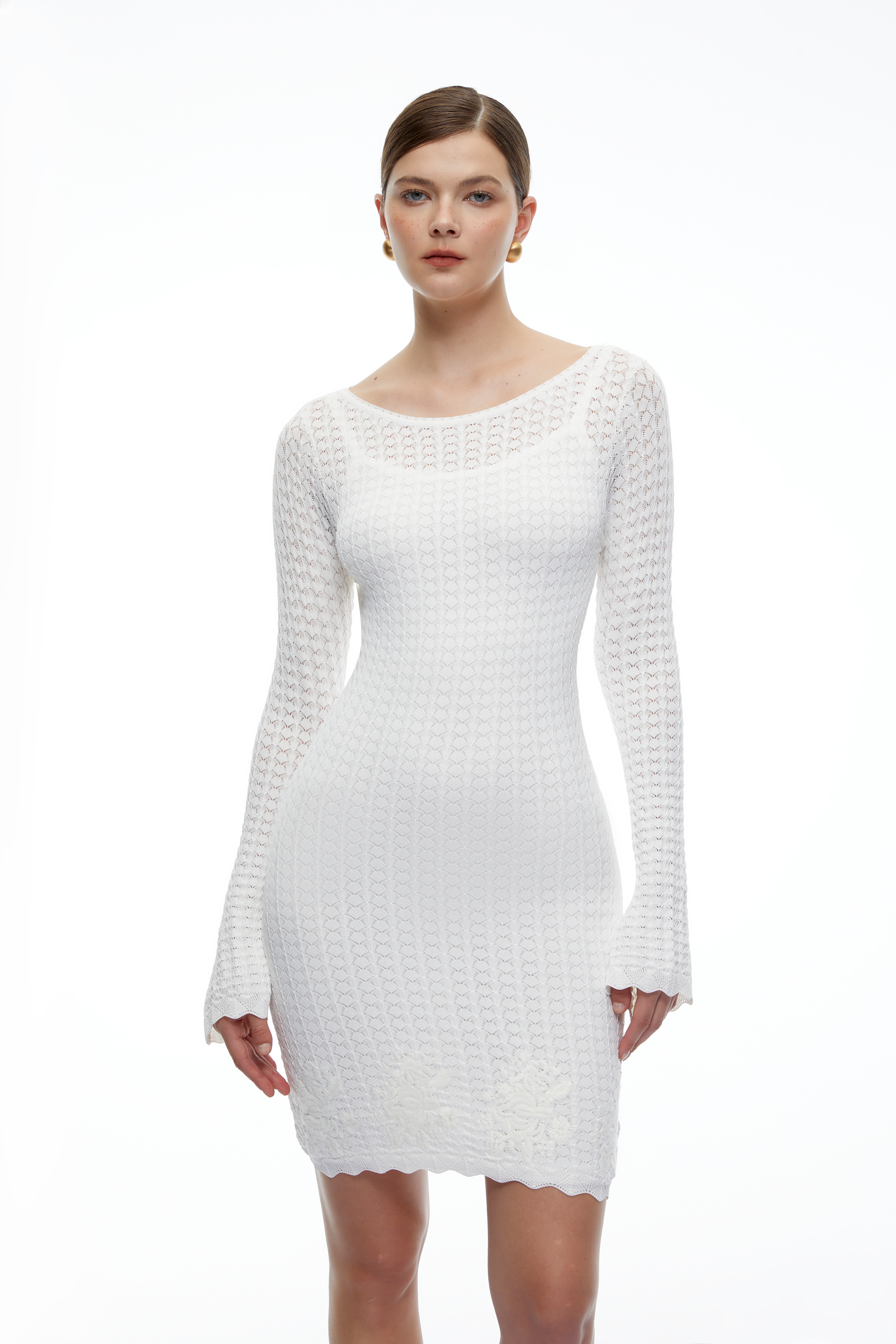 Cosima White Crochet Long Sleeves Mini Dress