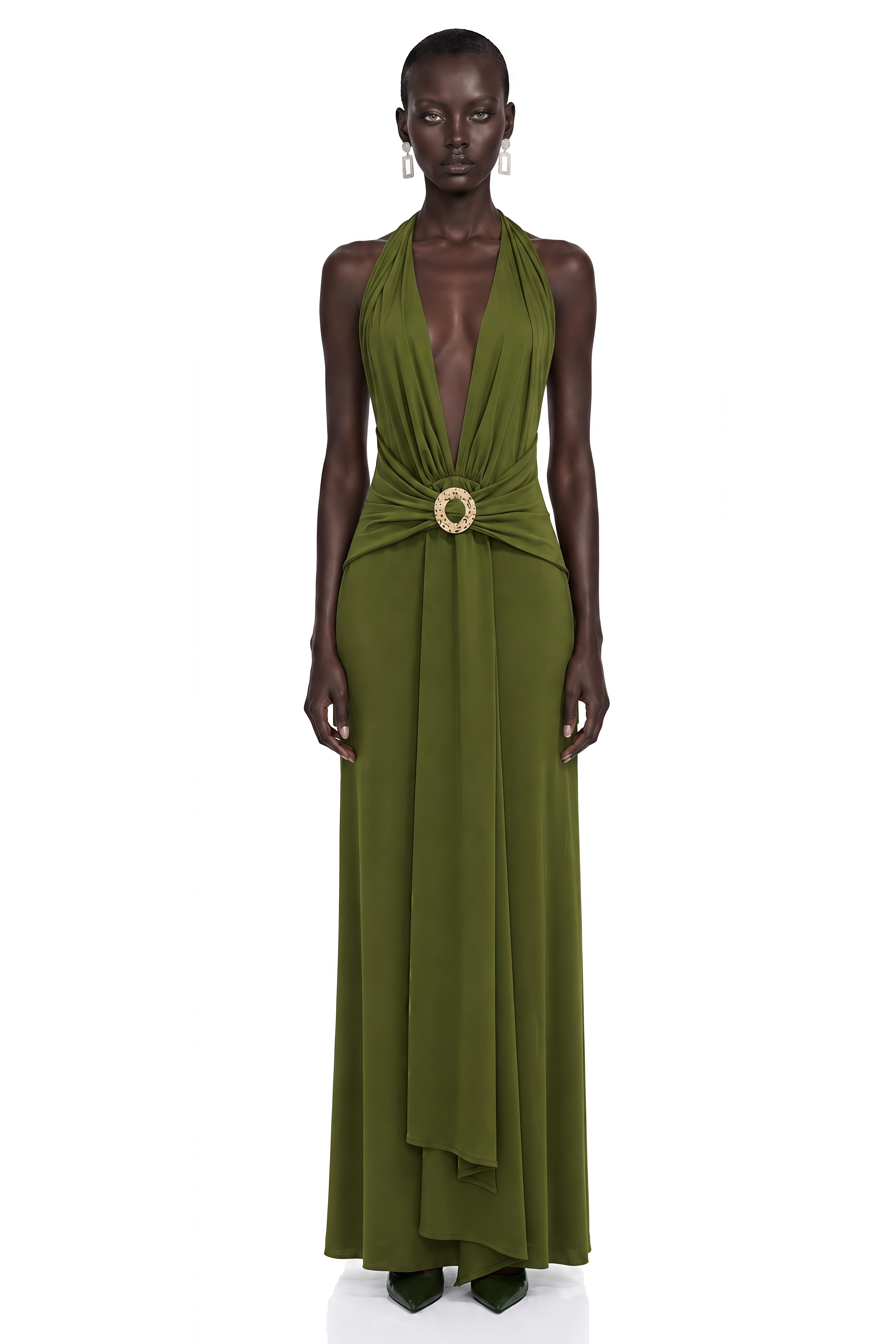 Cressida Olive Green Halterneck Draped Maxi Dress