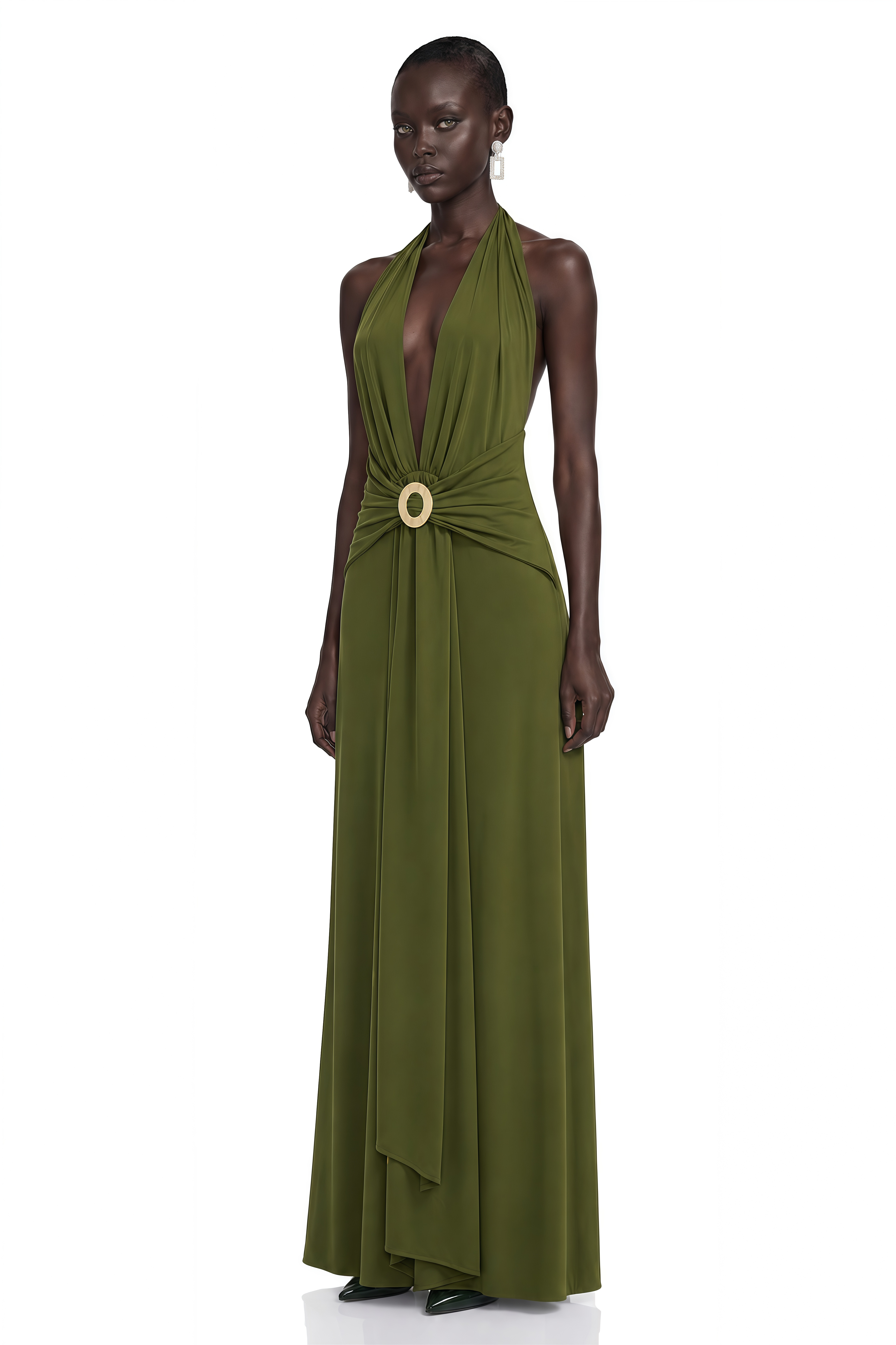 Cressida Olive Green Halterneck Draped Maxi Dress