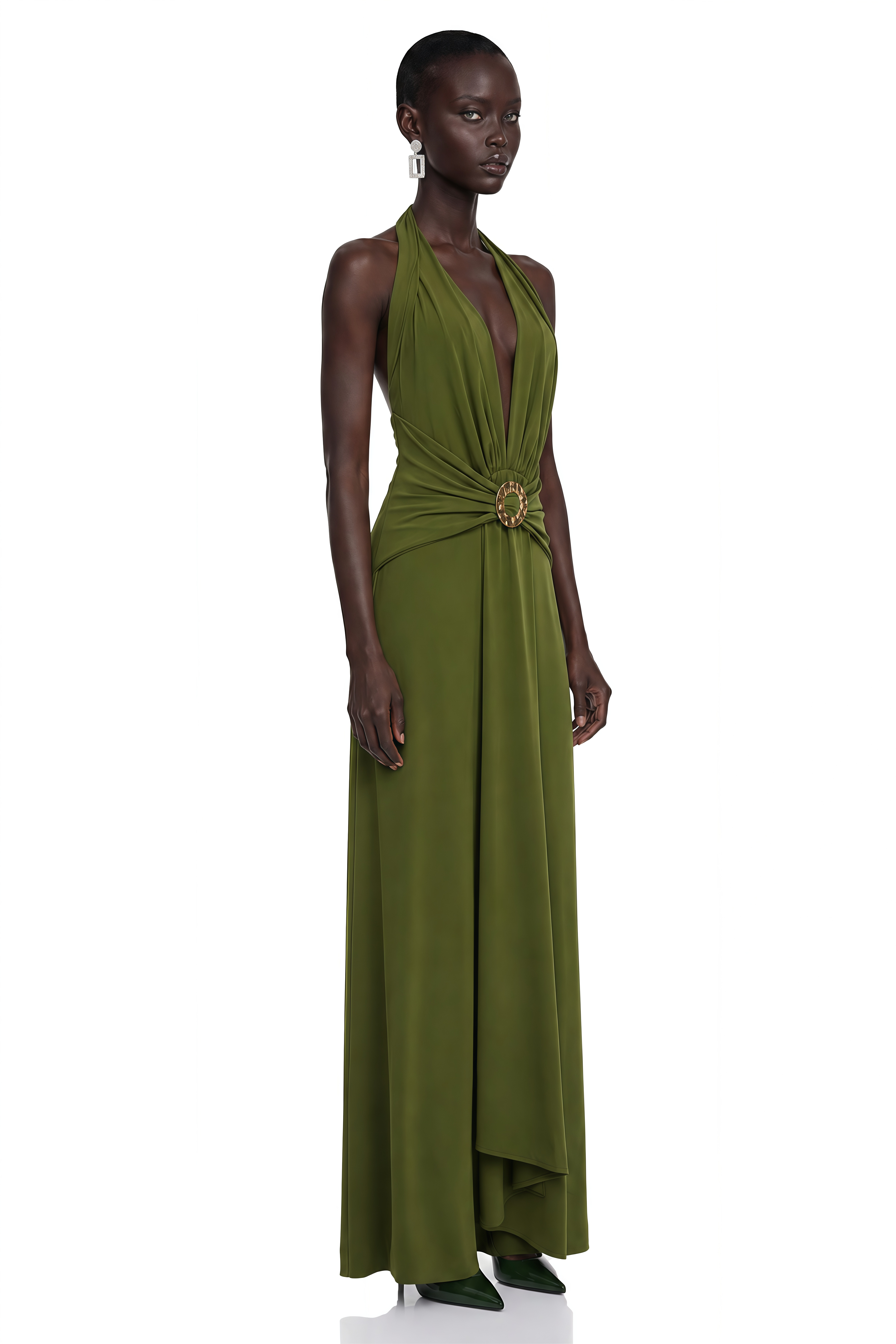 Cressida Olive Green Halterneck Draped Maxi Dress