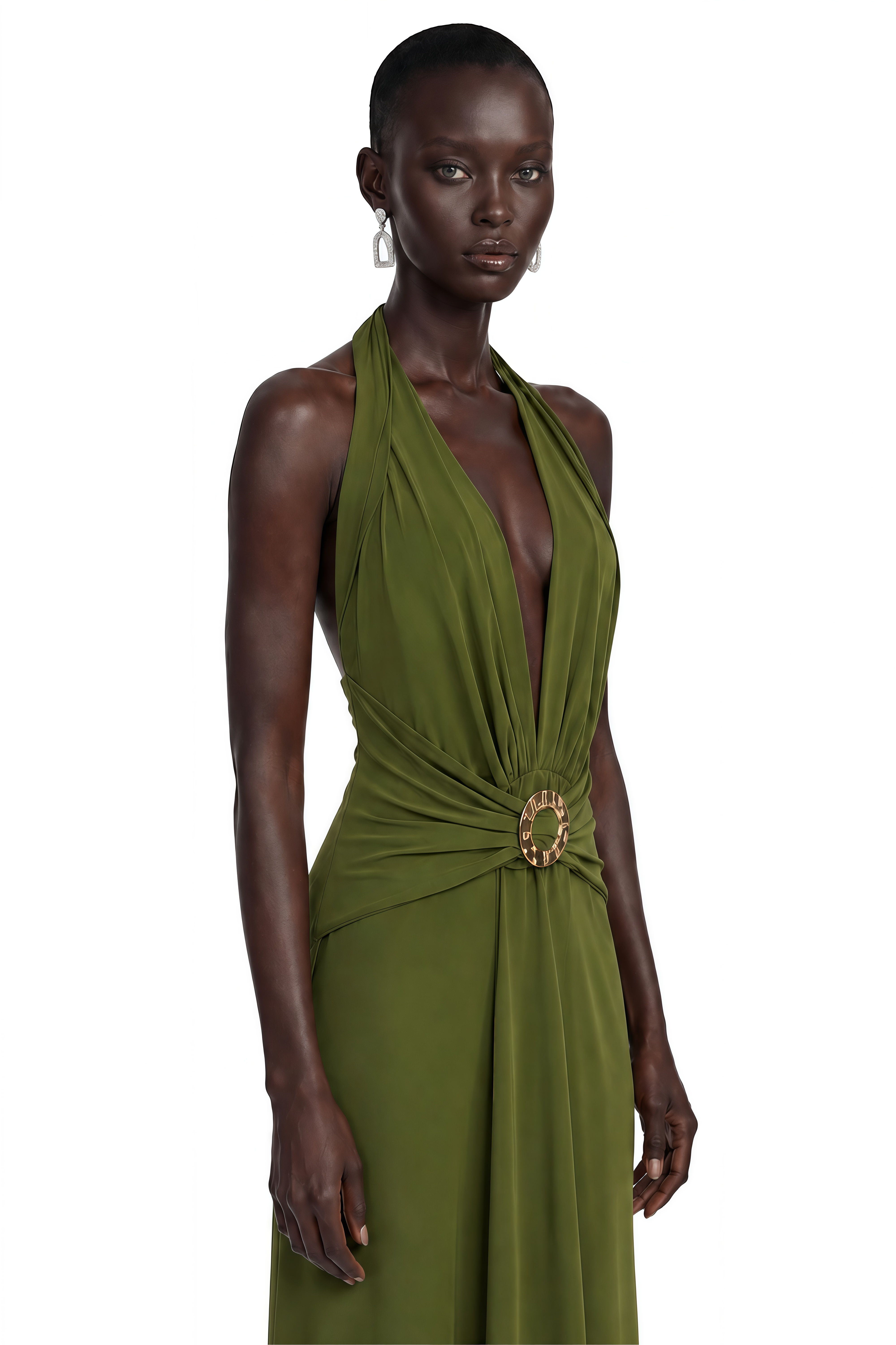 Cressida Olive Green Halterneck Draped Maxi Dress