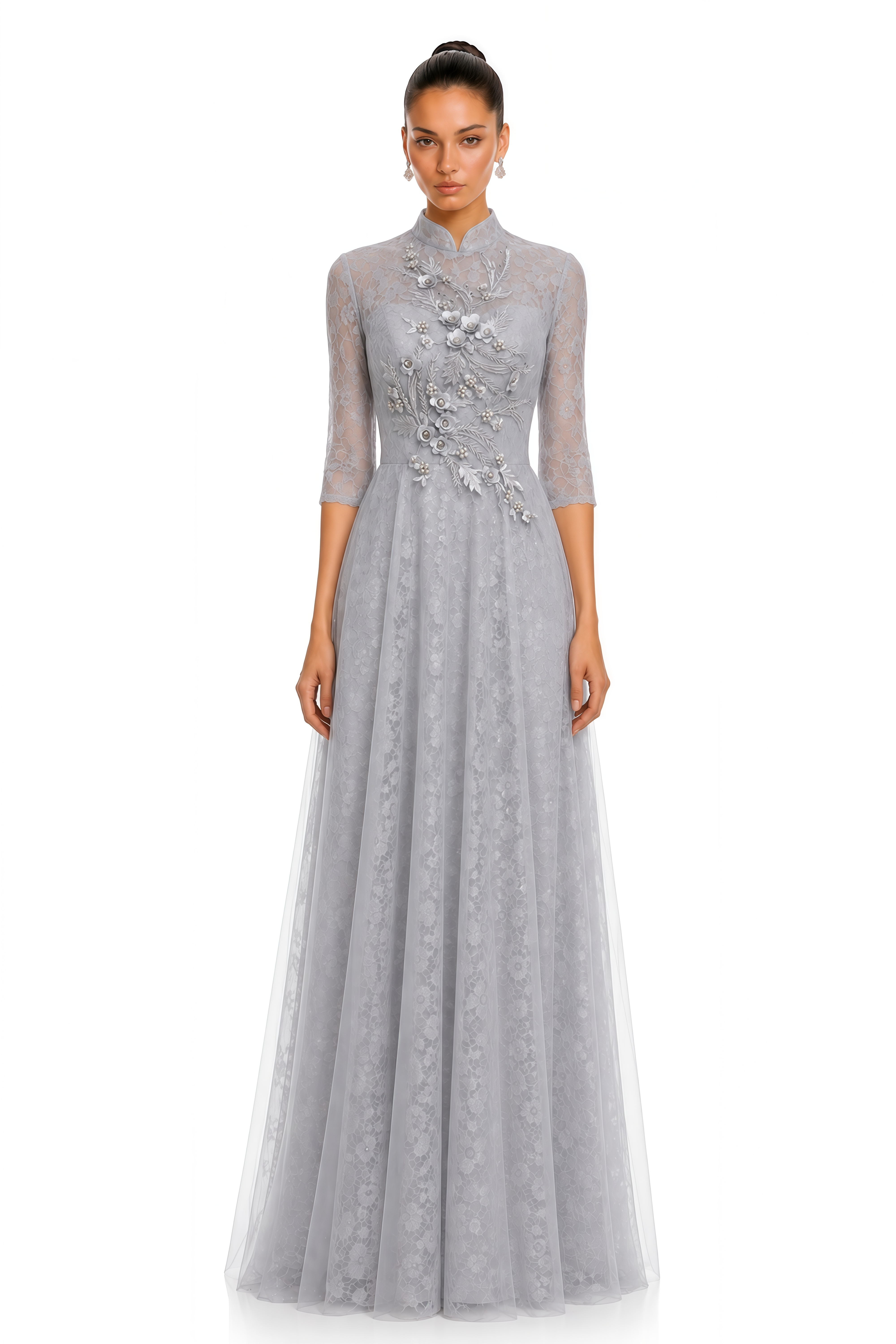 Cressida Silver Grey Lace Half-Sleeve Maxi Dress