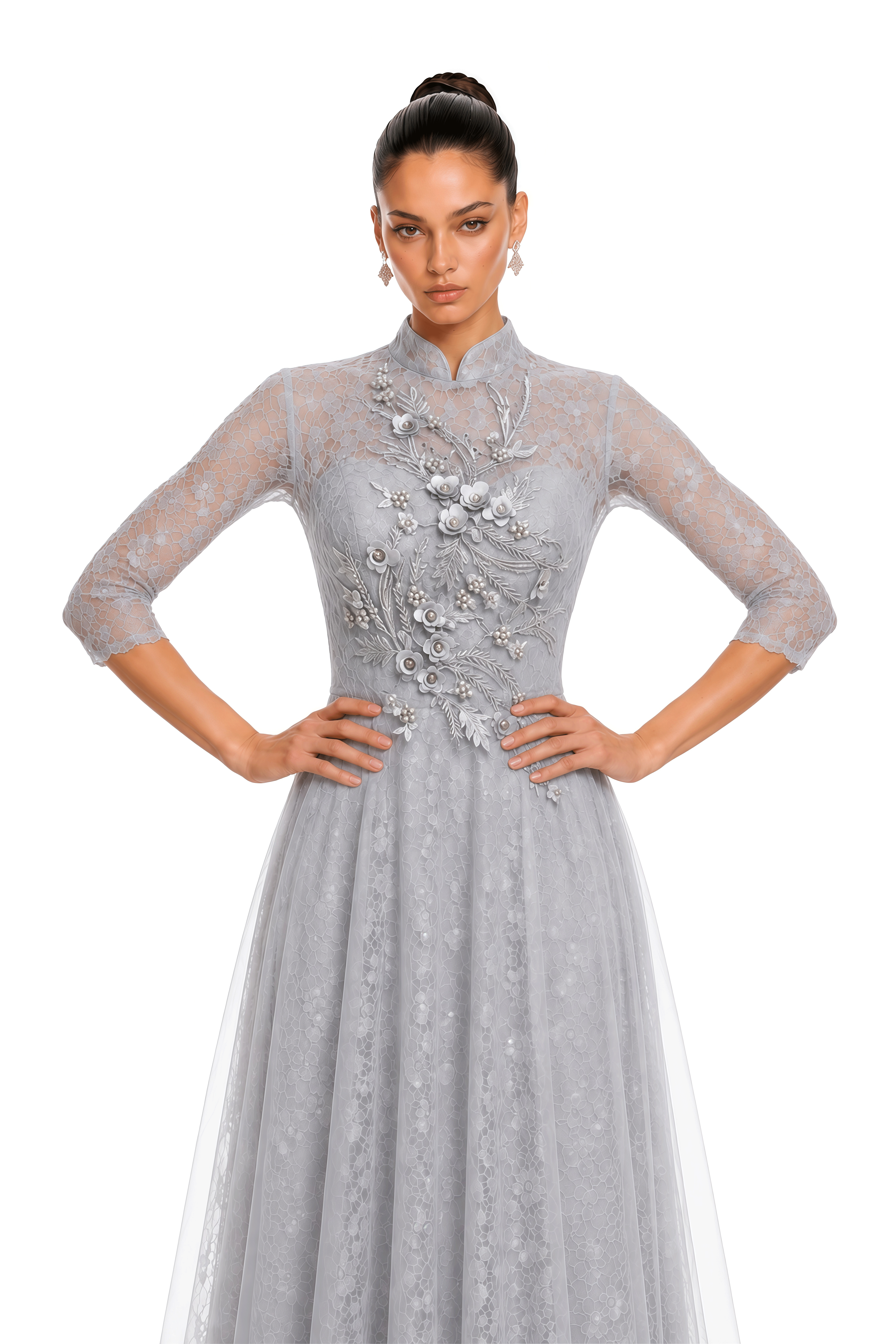 Cressida Silver Grey Lace Half-Sleeve Maxi Dress