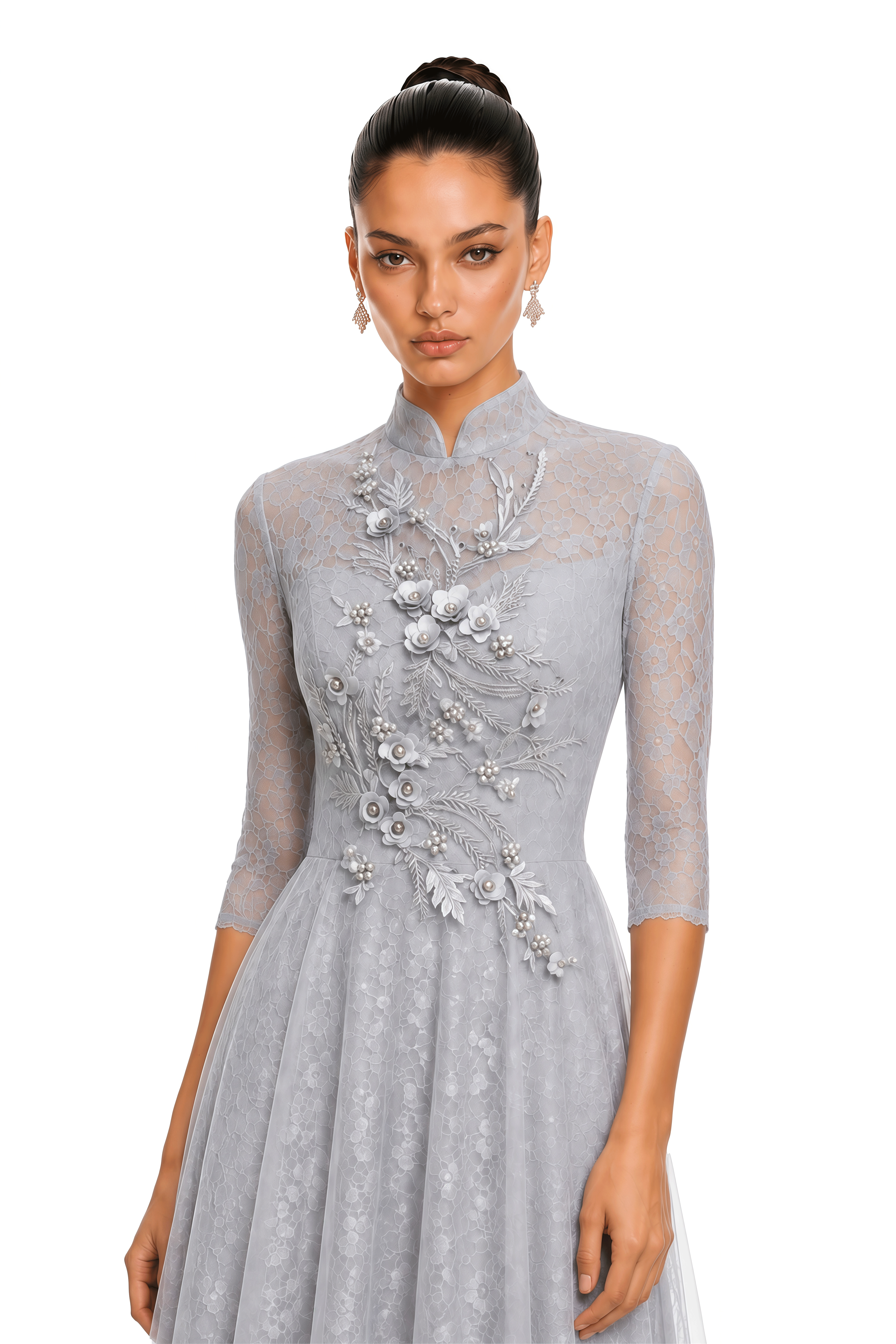 Cressida Silver Grey Lace Half-Sleeve Maxi Dress