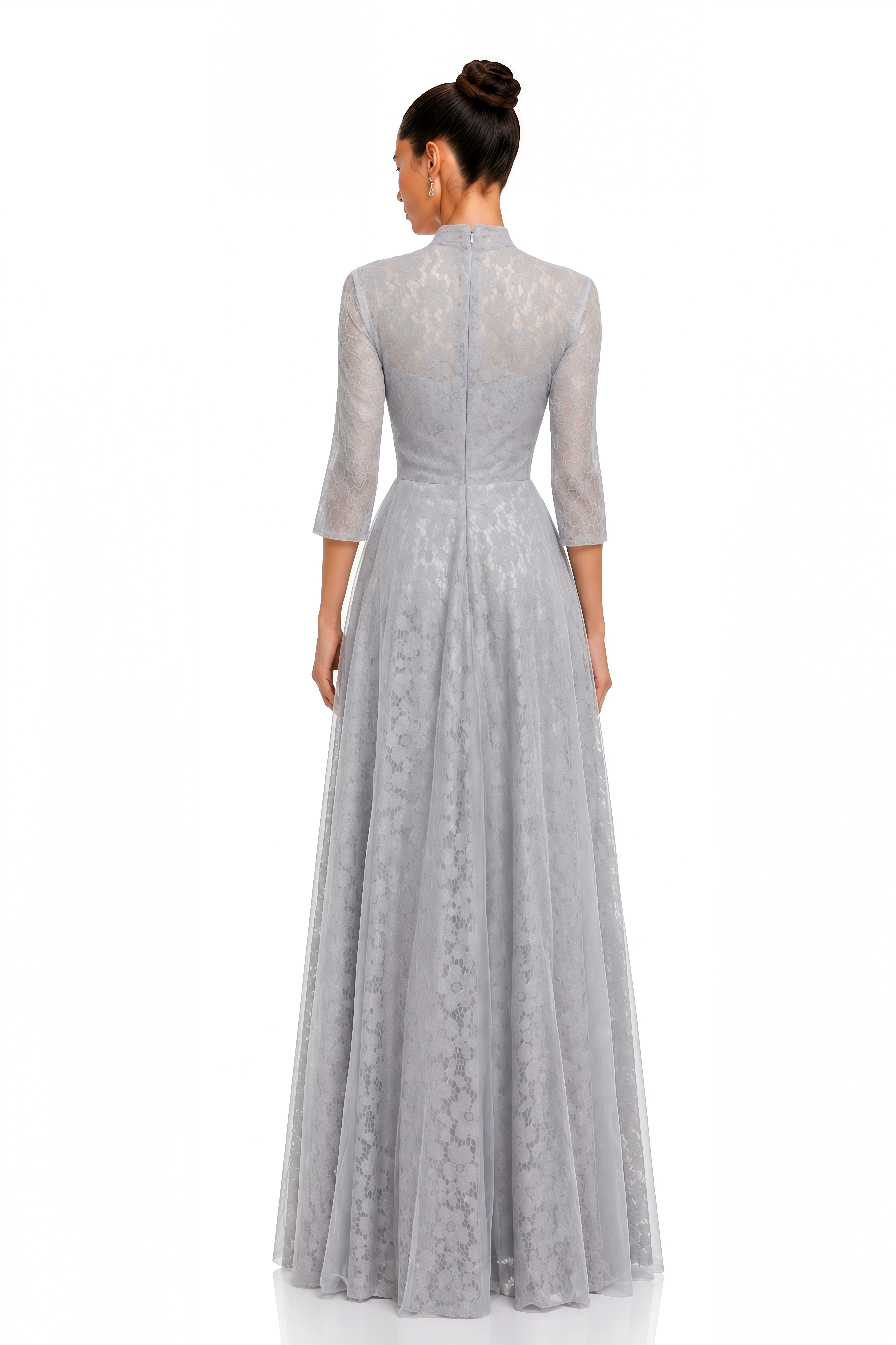 Cressida Silver Grey Lace Half-Sleeve Maxi Dress
