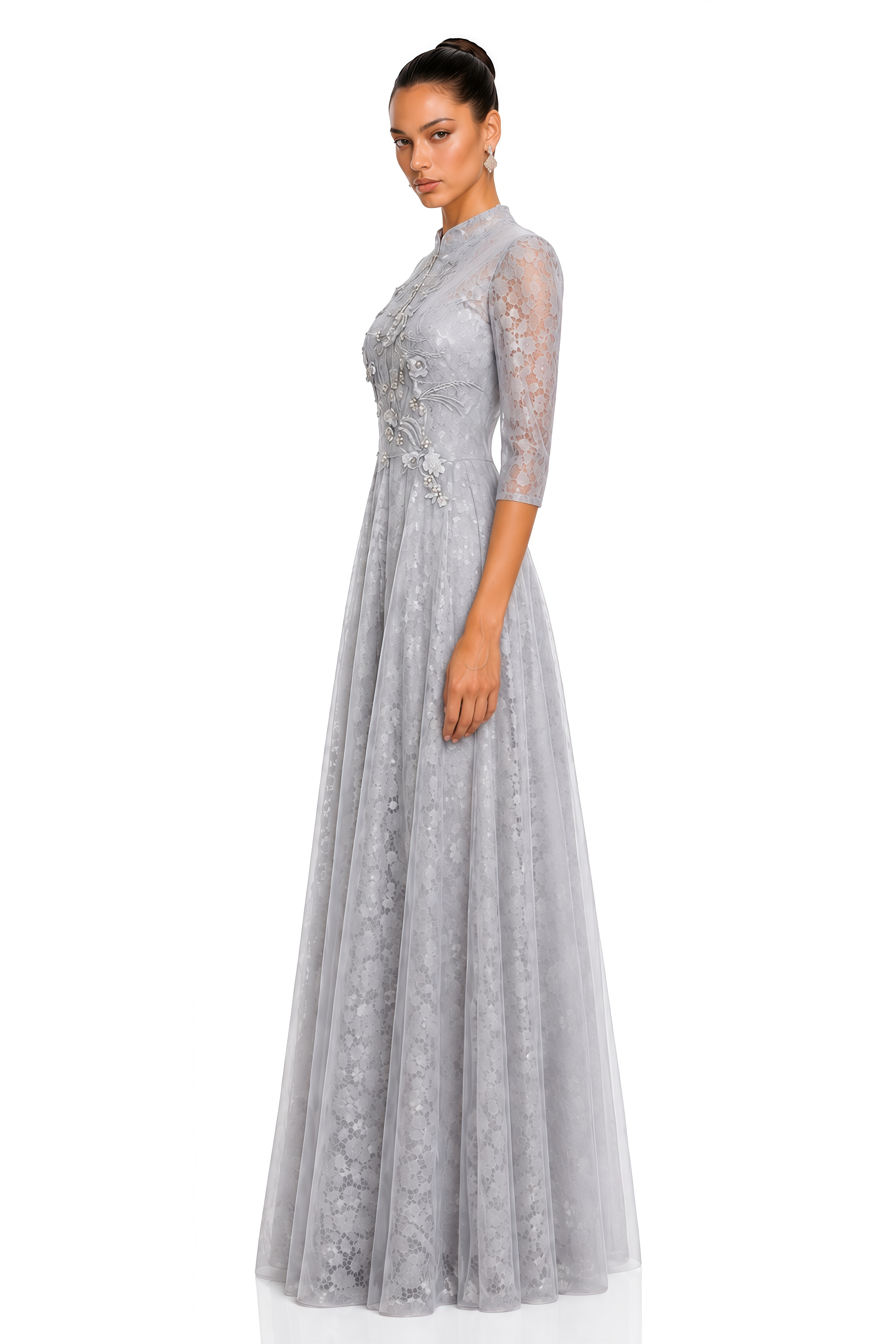 Cressida Silver Grey Lace Half-Sleeve Maxi Dress