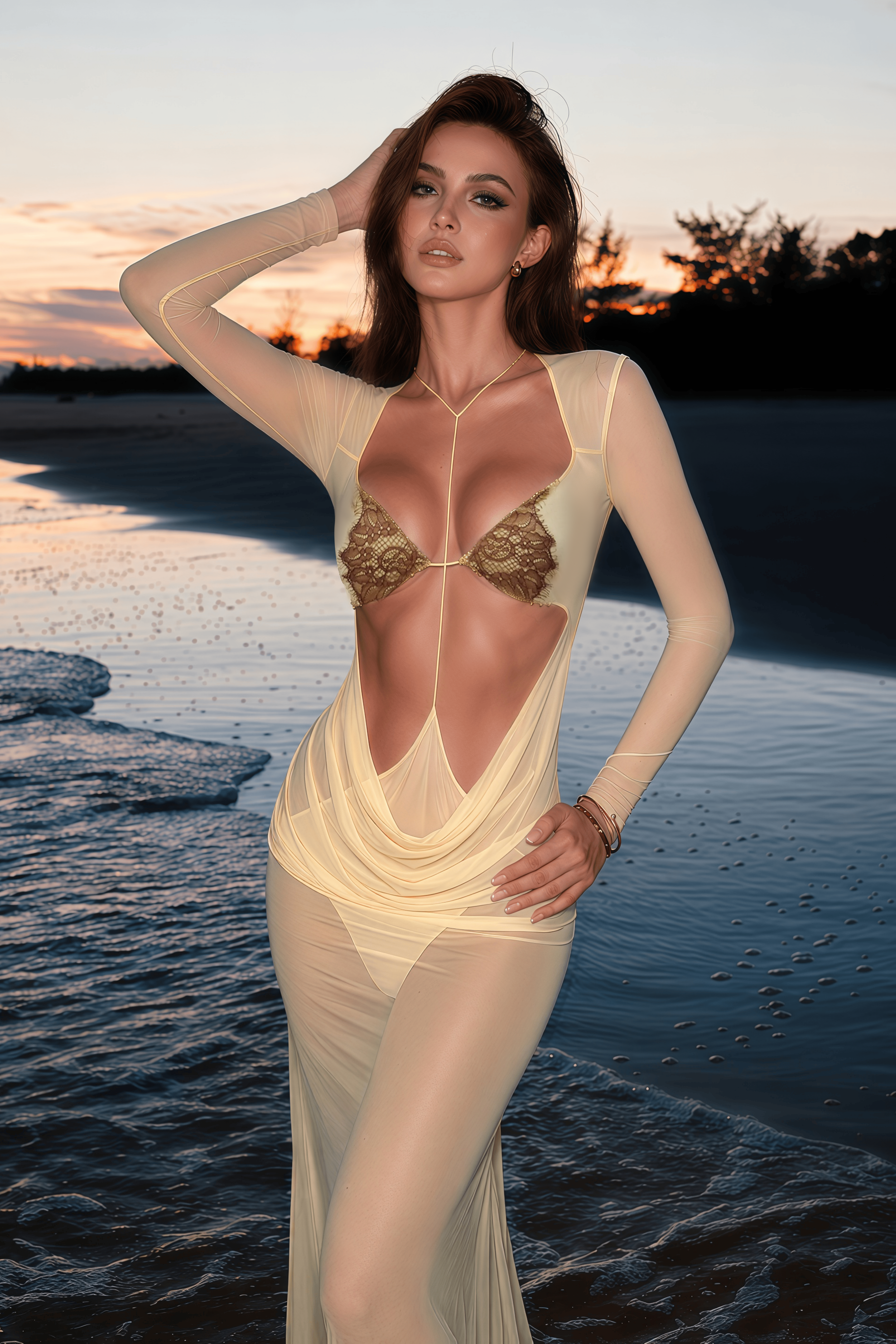 Cressida Yellow Cut-Out Semi-Sheer Fishtail Maxi Dress