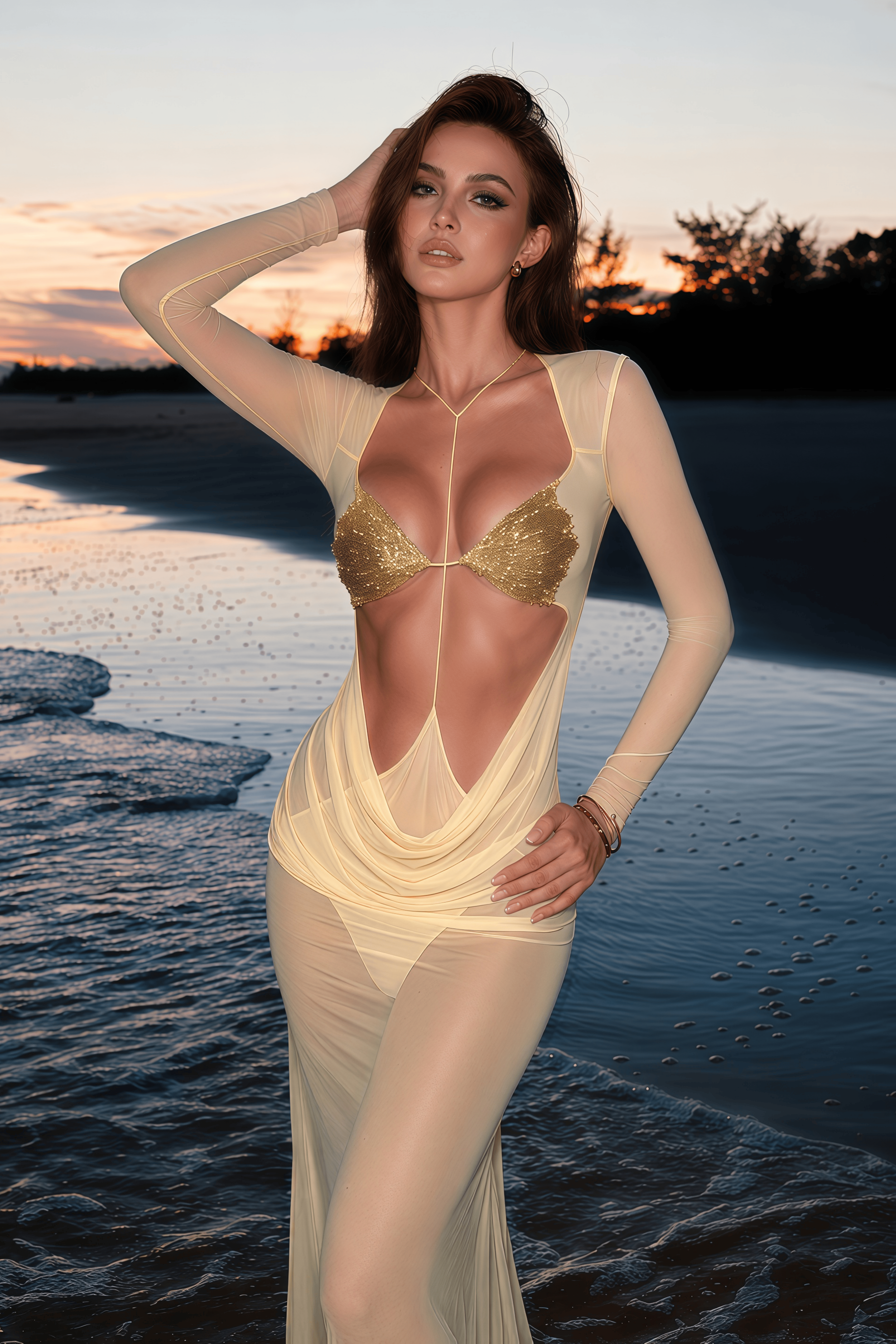 Cressida Yellow Cut-Out Semi-Sheer Fishtail Maxi Dress