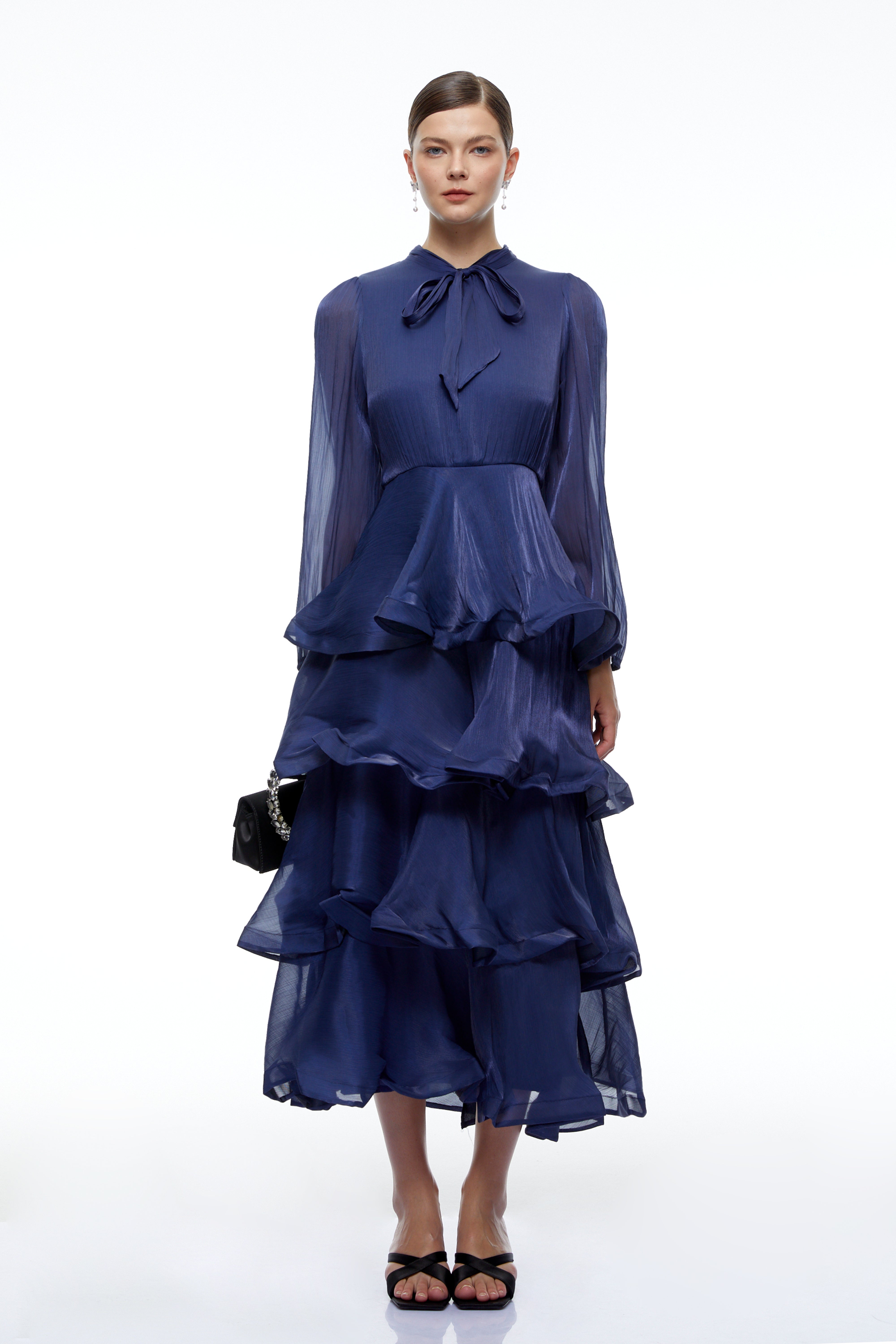 Cressida Navy Blue Tiered Maxi Dress with Bow Detail