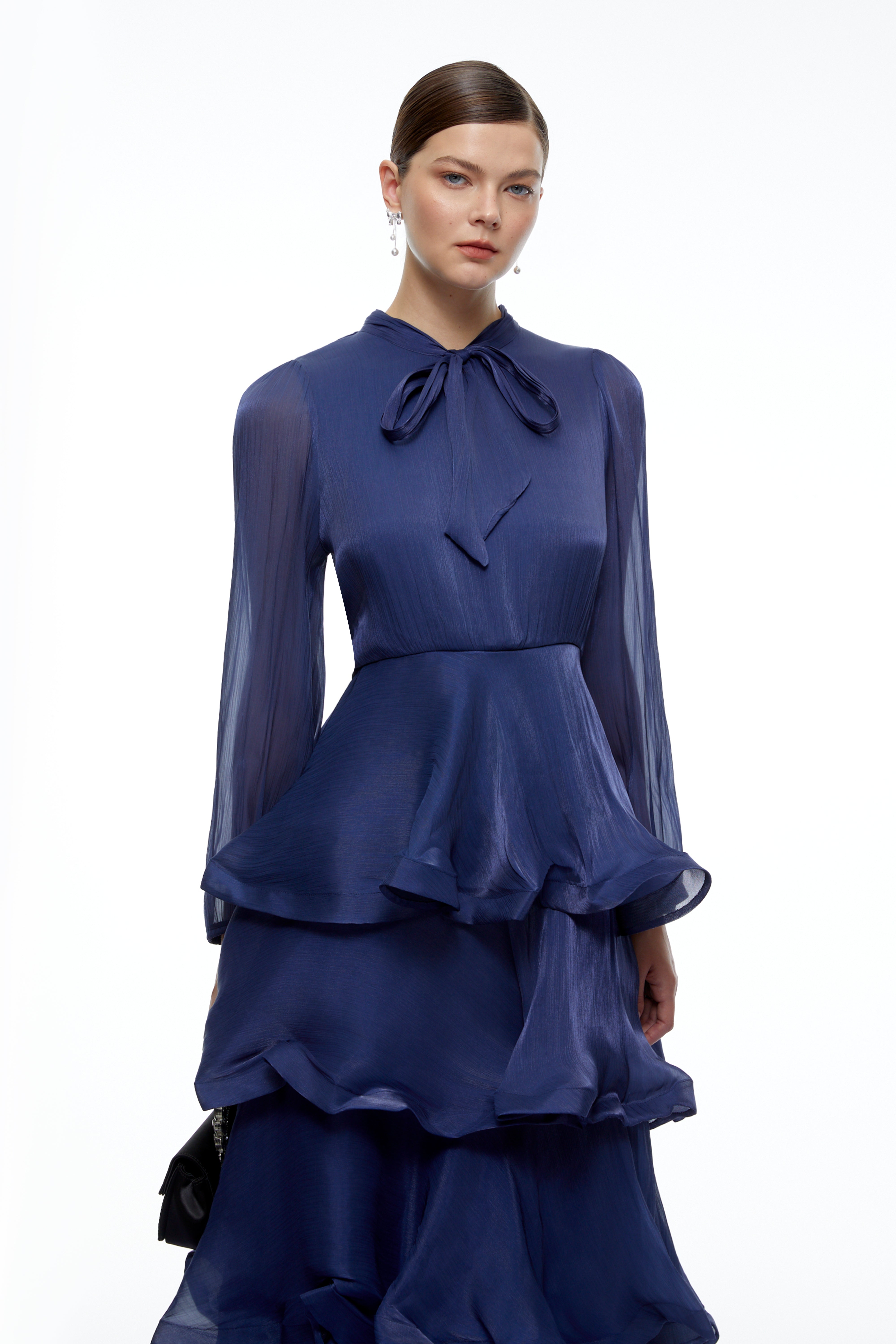 Cressida Navy Blue Tiered Maxi Dress with Bow Detail