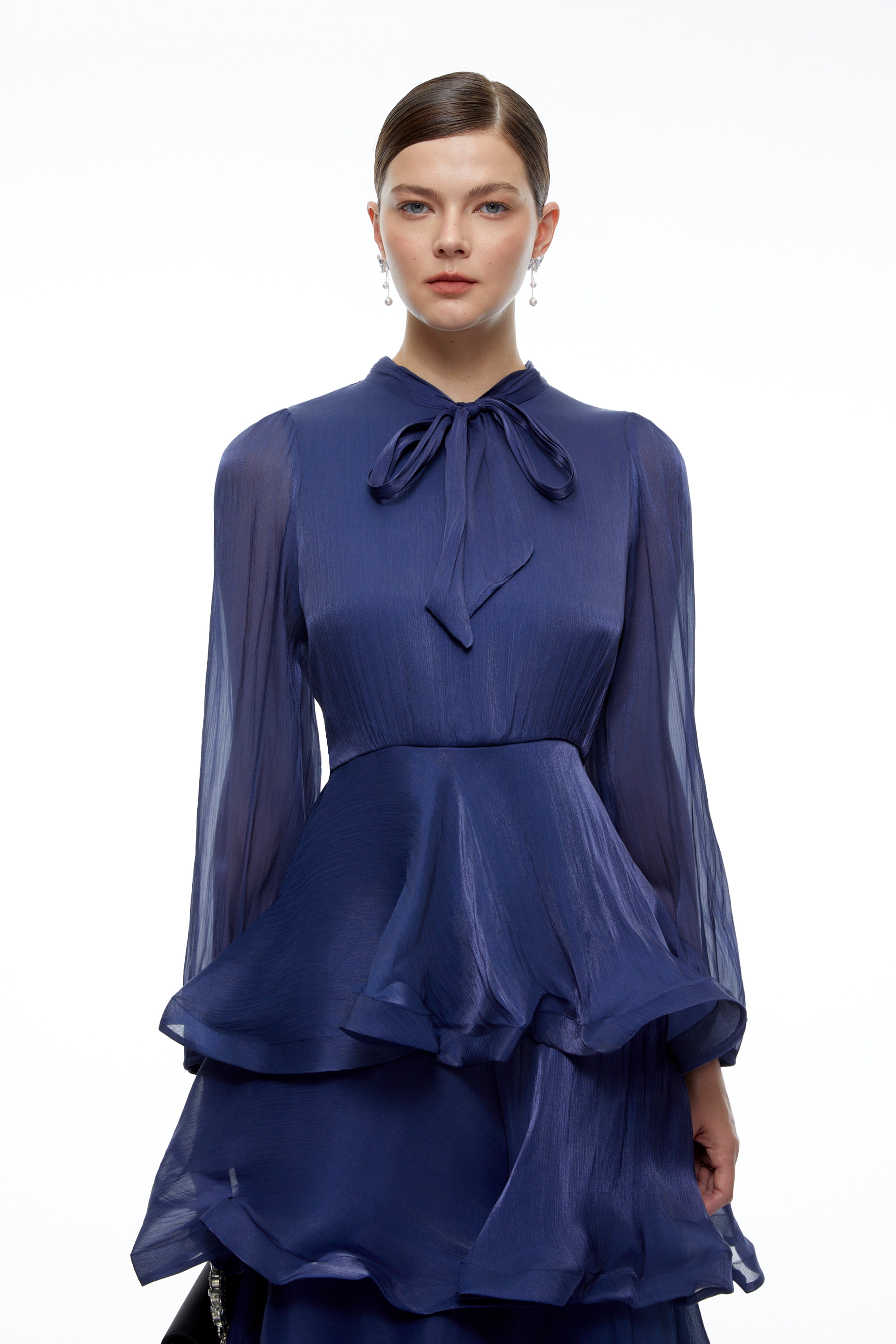 Cressida Navy Blue Tiered Maxi Dress with Bow Detail