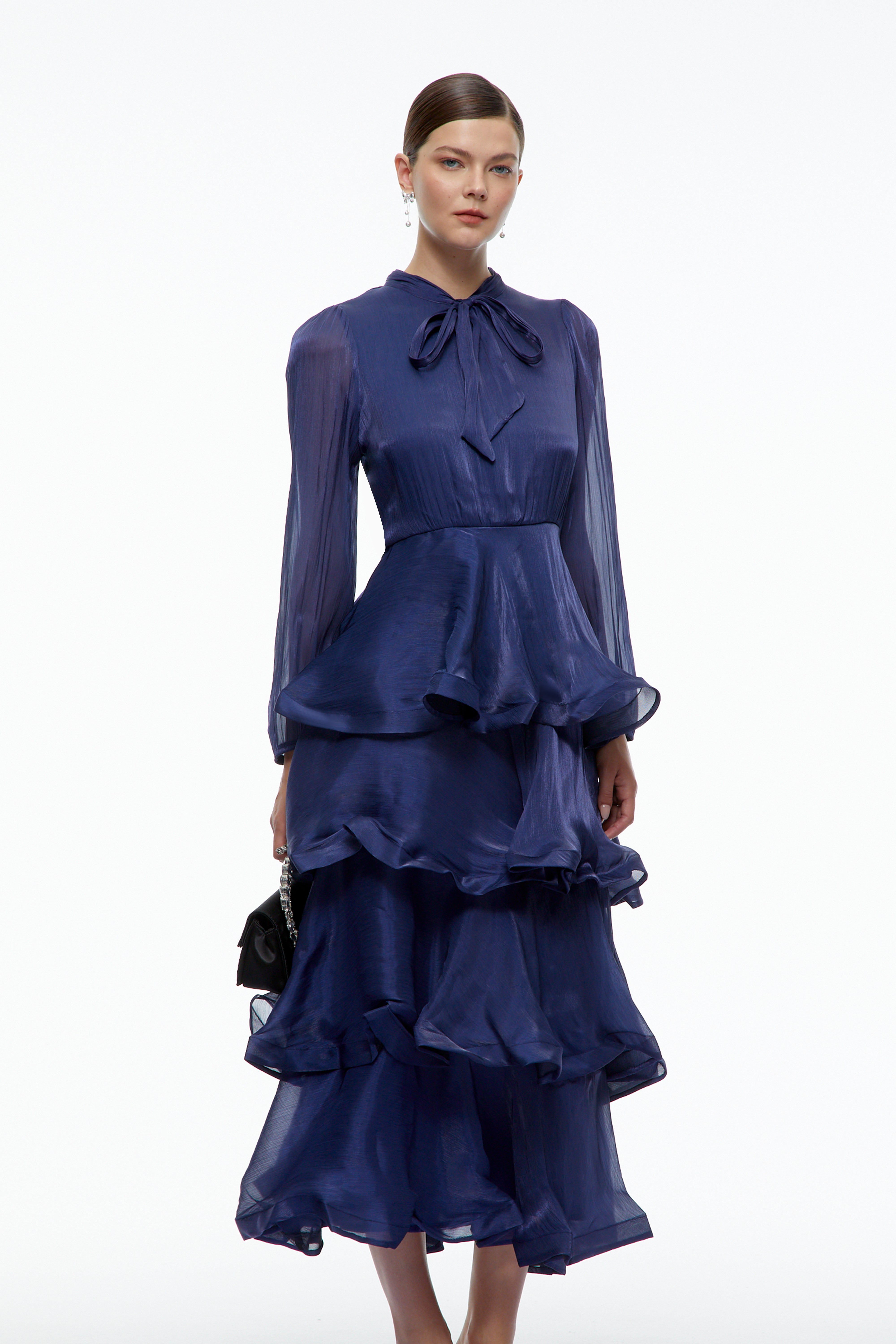 Cressida Navy Blue Tiered Maxi Dress with Bow Detail