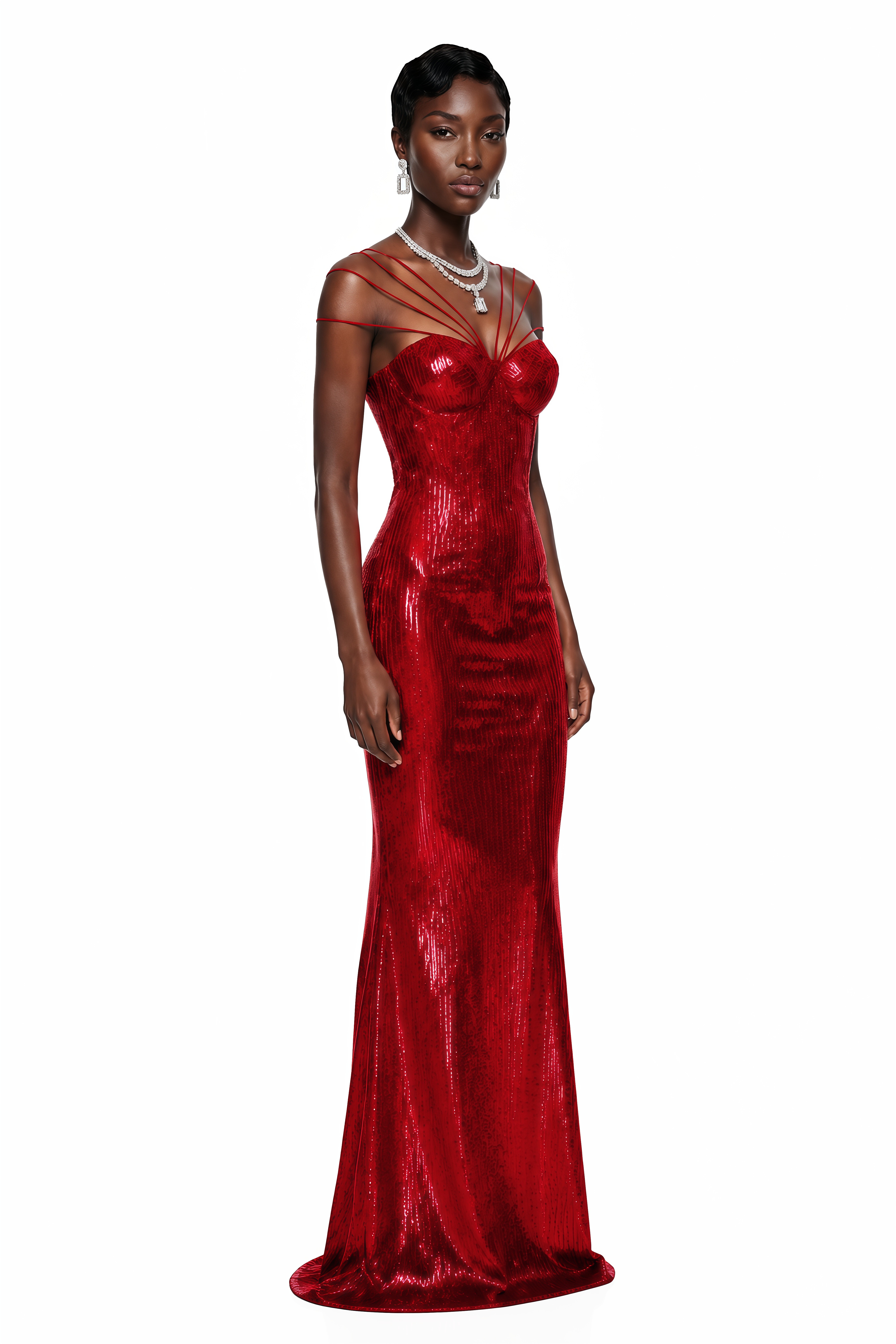 Metallic red sequined maxi dress with a sweetheart neckline and strappy caged detailing