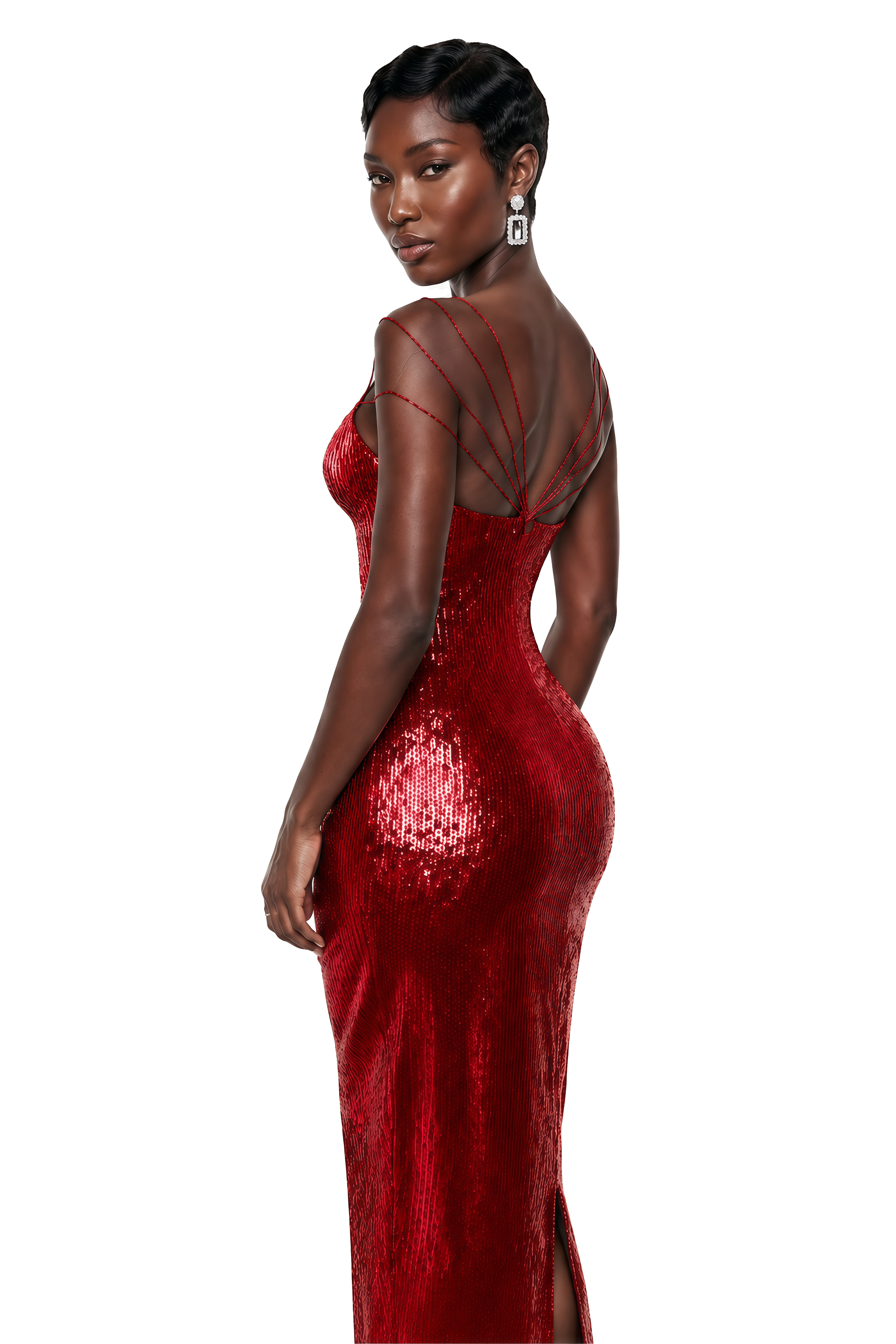 Metallic red sequined maxi dress with a sweetheart neckline and strappy caged detailing