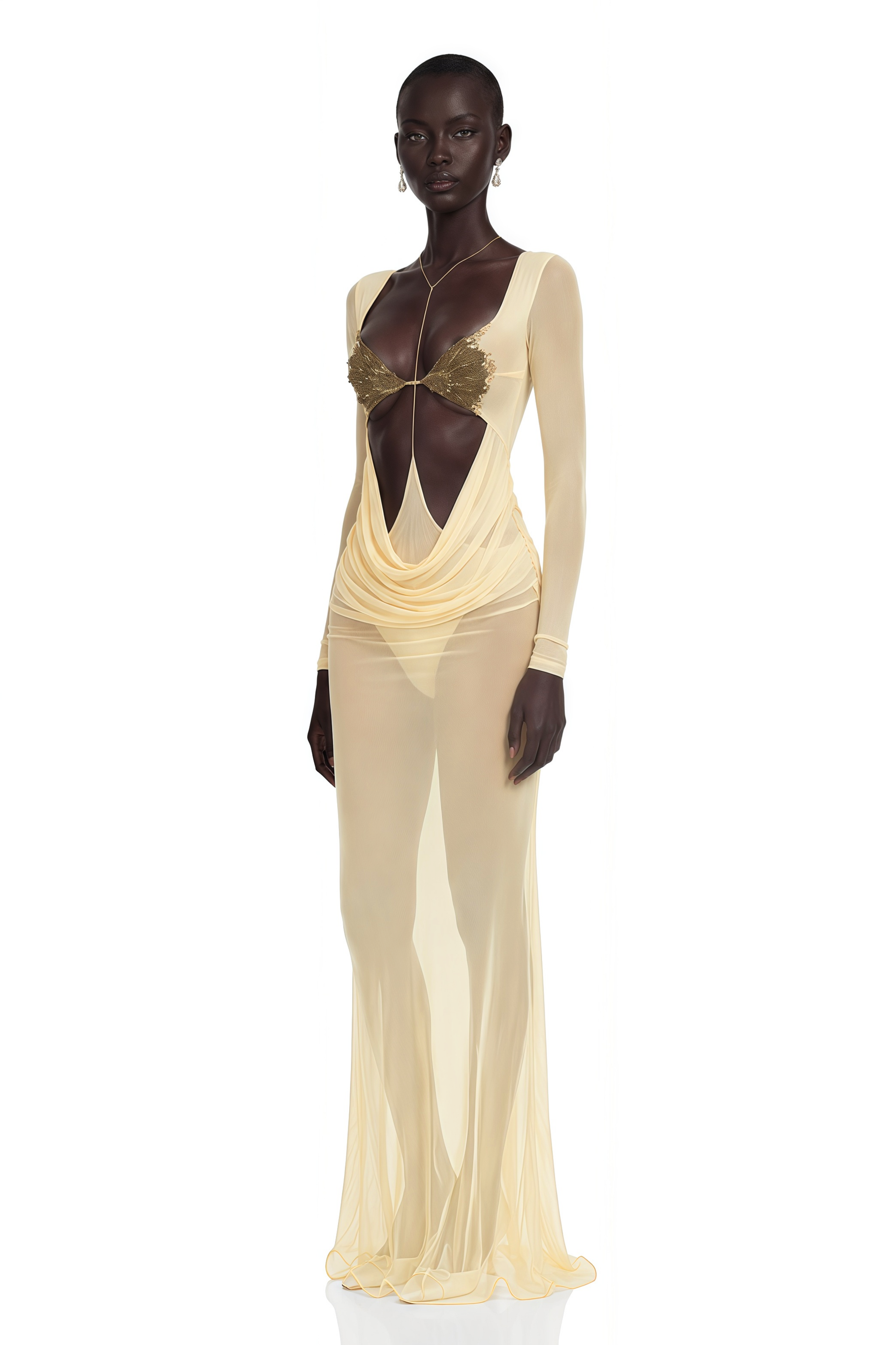 Pale yellow sheer long-sleeved gown with gold bra detail