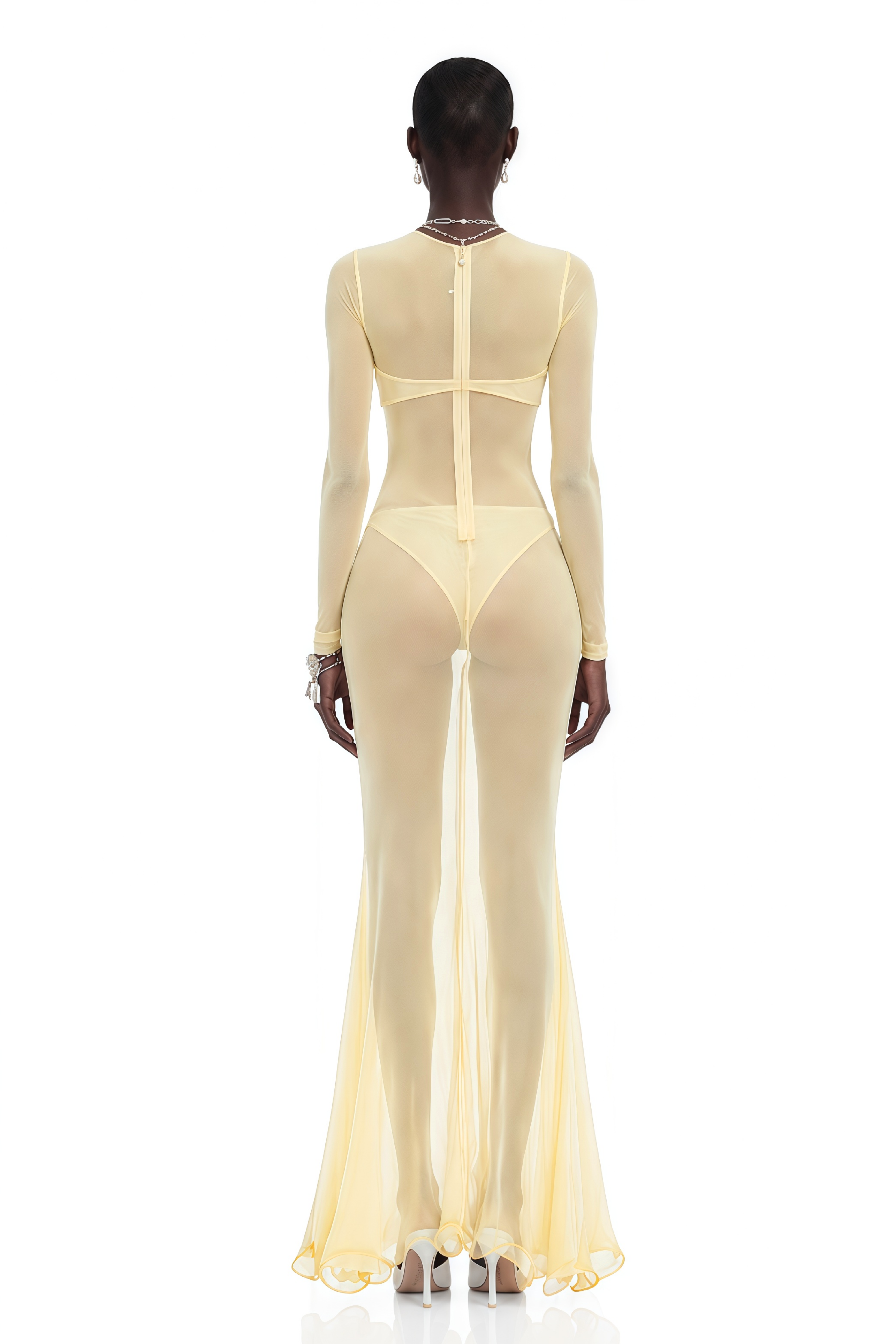 Pale yellow sheer long-sleeved gown with gold bra detail