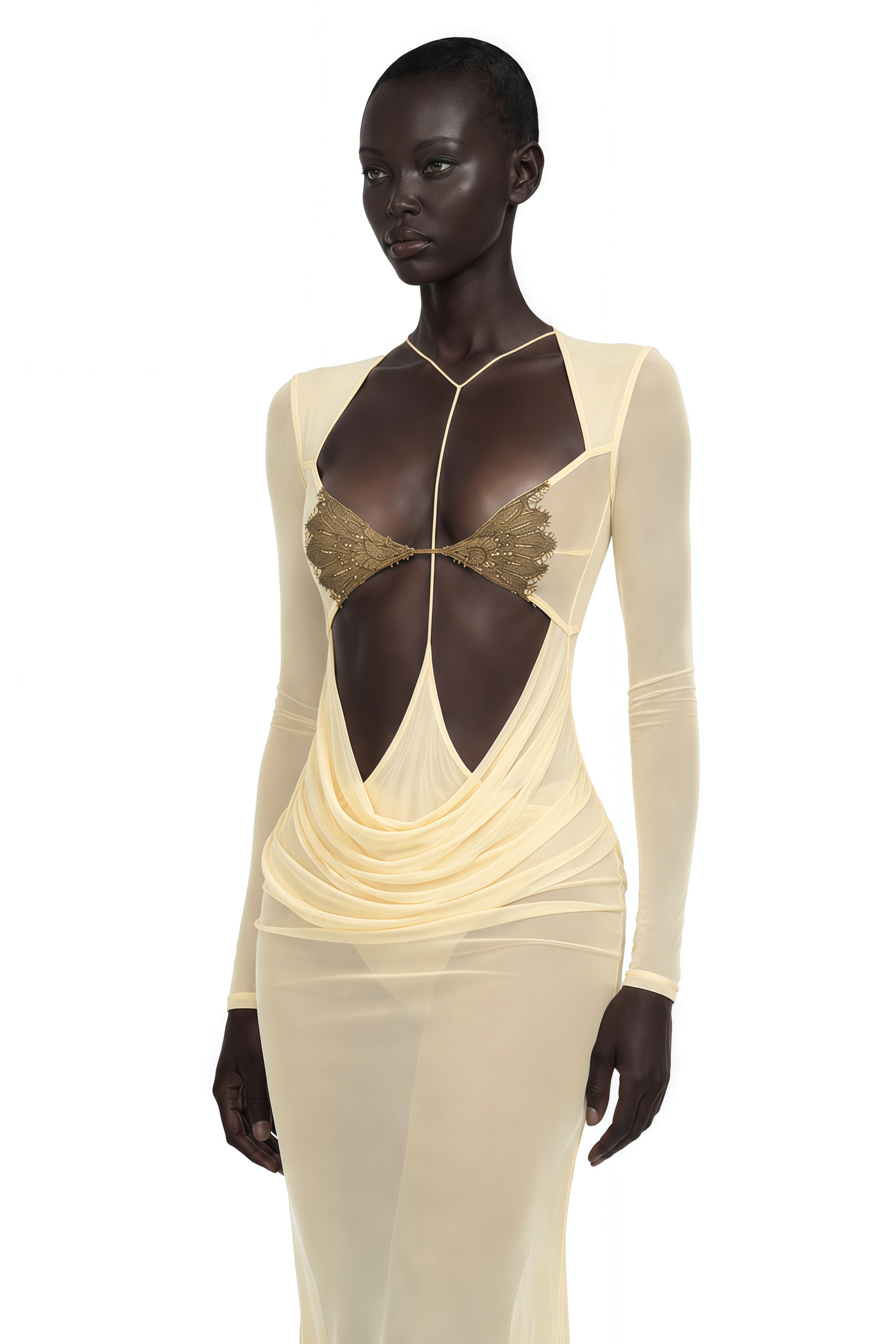 Pale yellow sheer long-sleeved gown with gold bra detail
