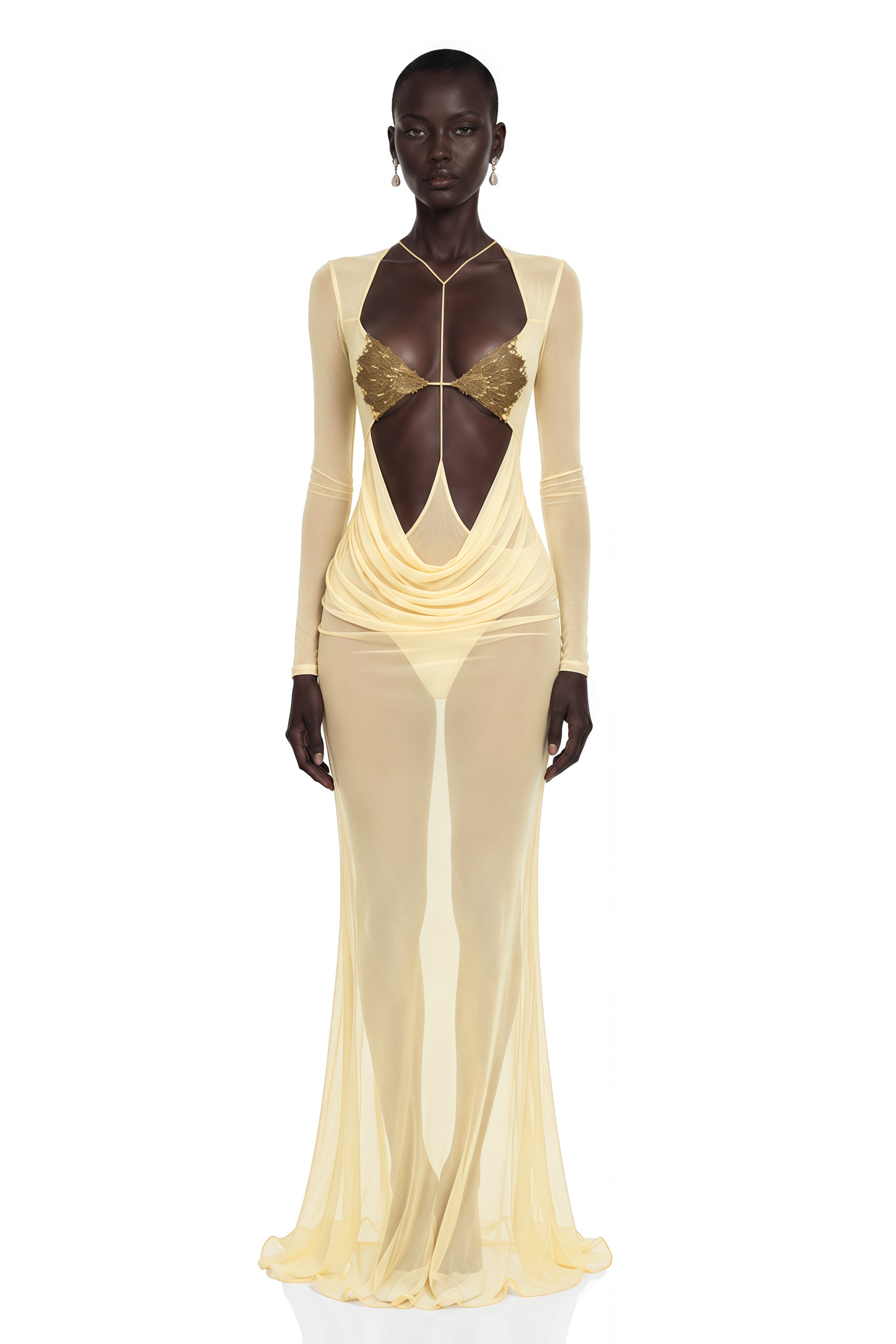 Pale yellow sheer long-sleeved gown with gold bra detail