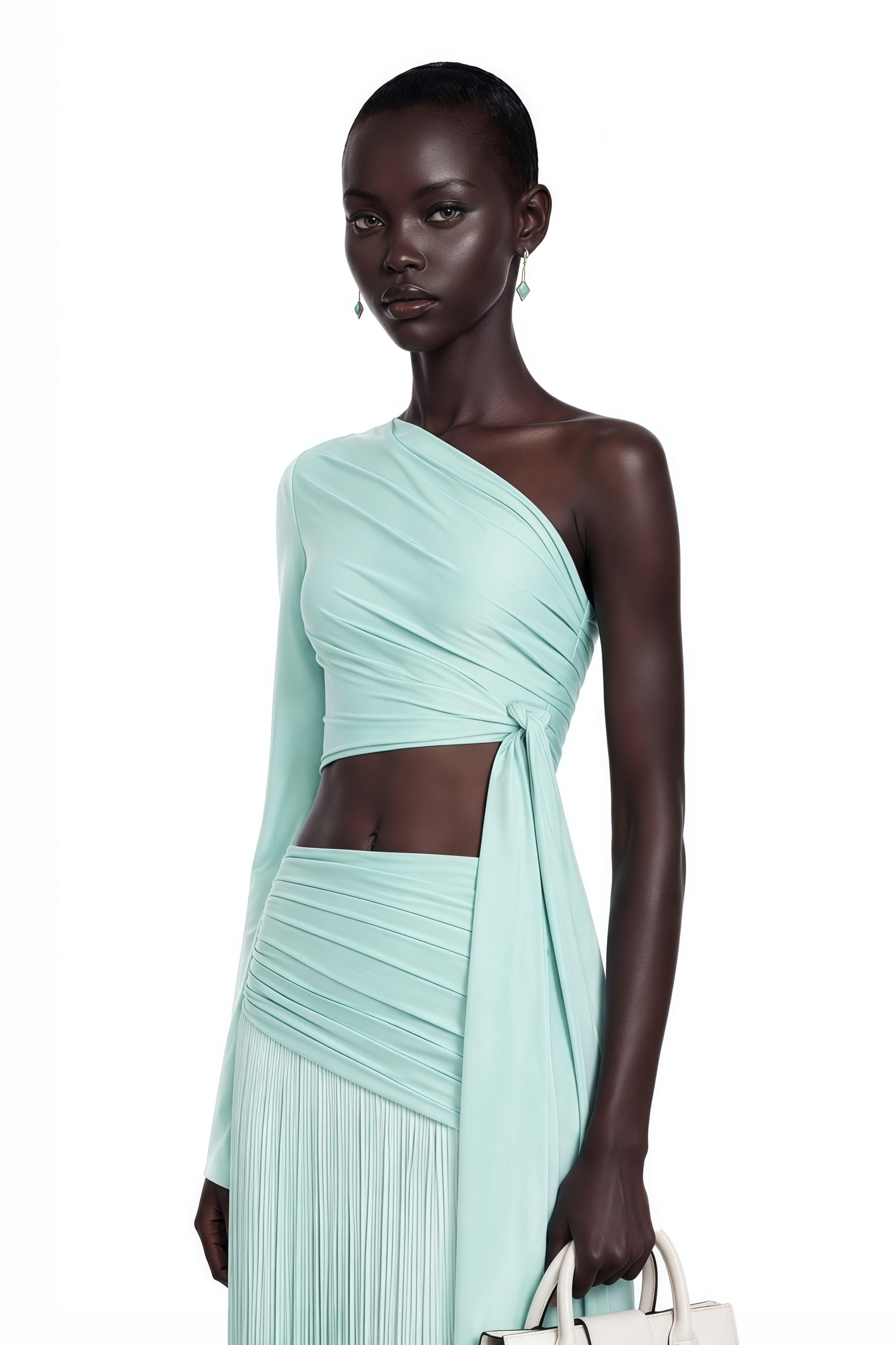 Cybeline Mint Green One-Shoulder Top & Fringe Skirt Set
