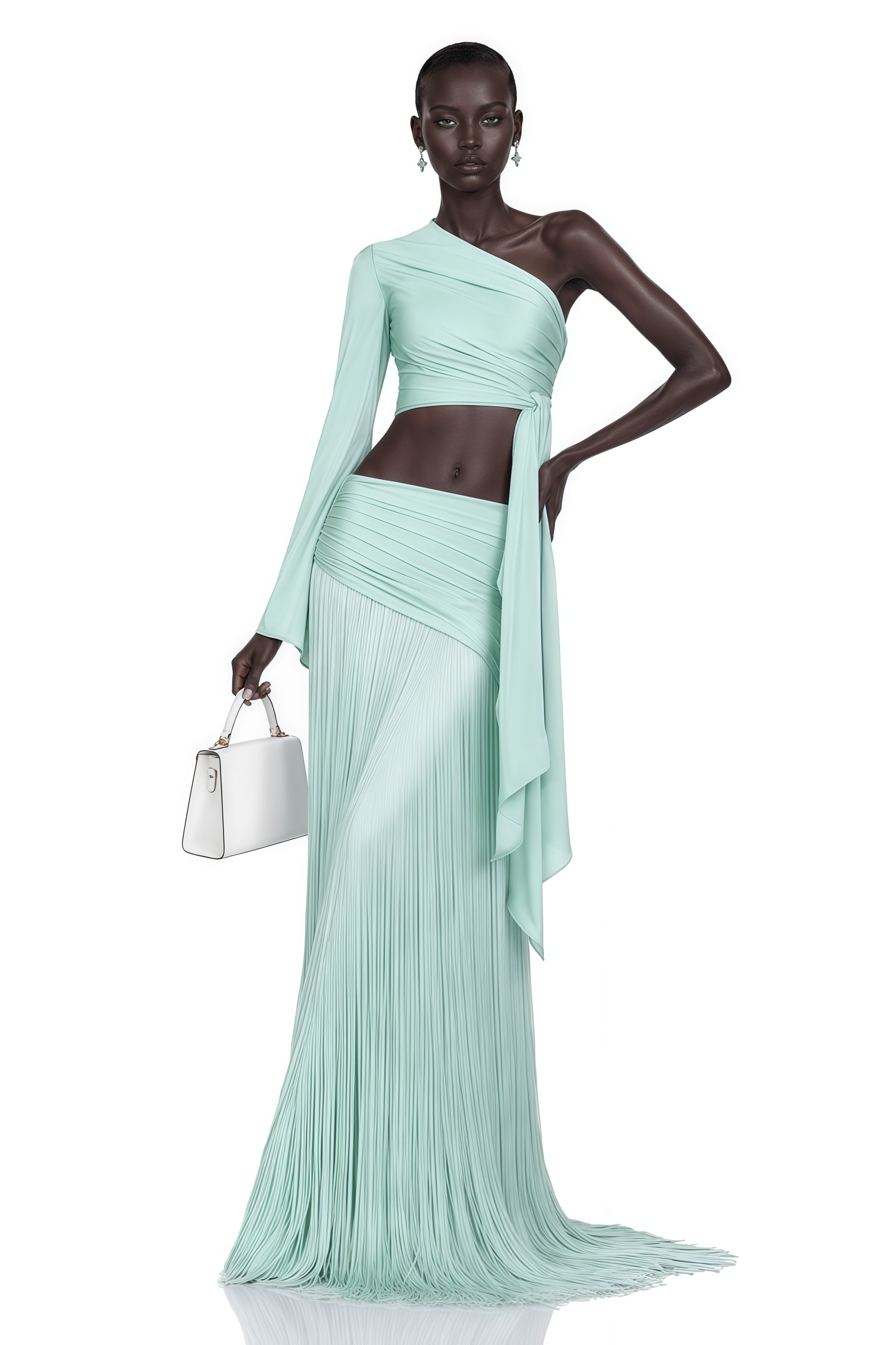 Cybeline Mint Green One-Shoulder Top & Fringe Skirt Set
