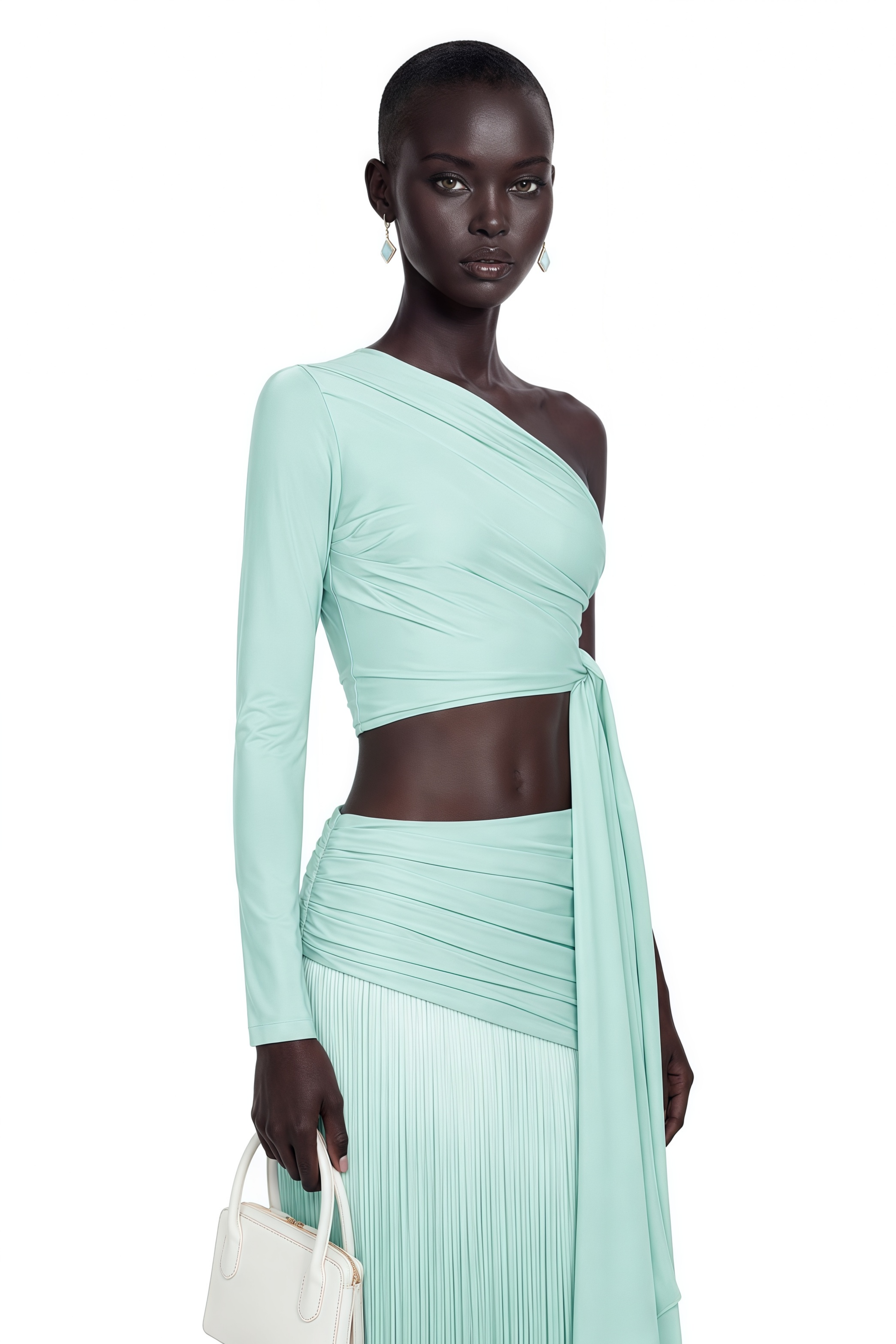 Cybeline Mint Green One-Shoulder Top & Fringe Skirt Set