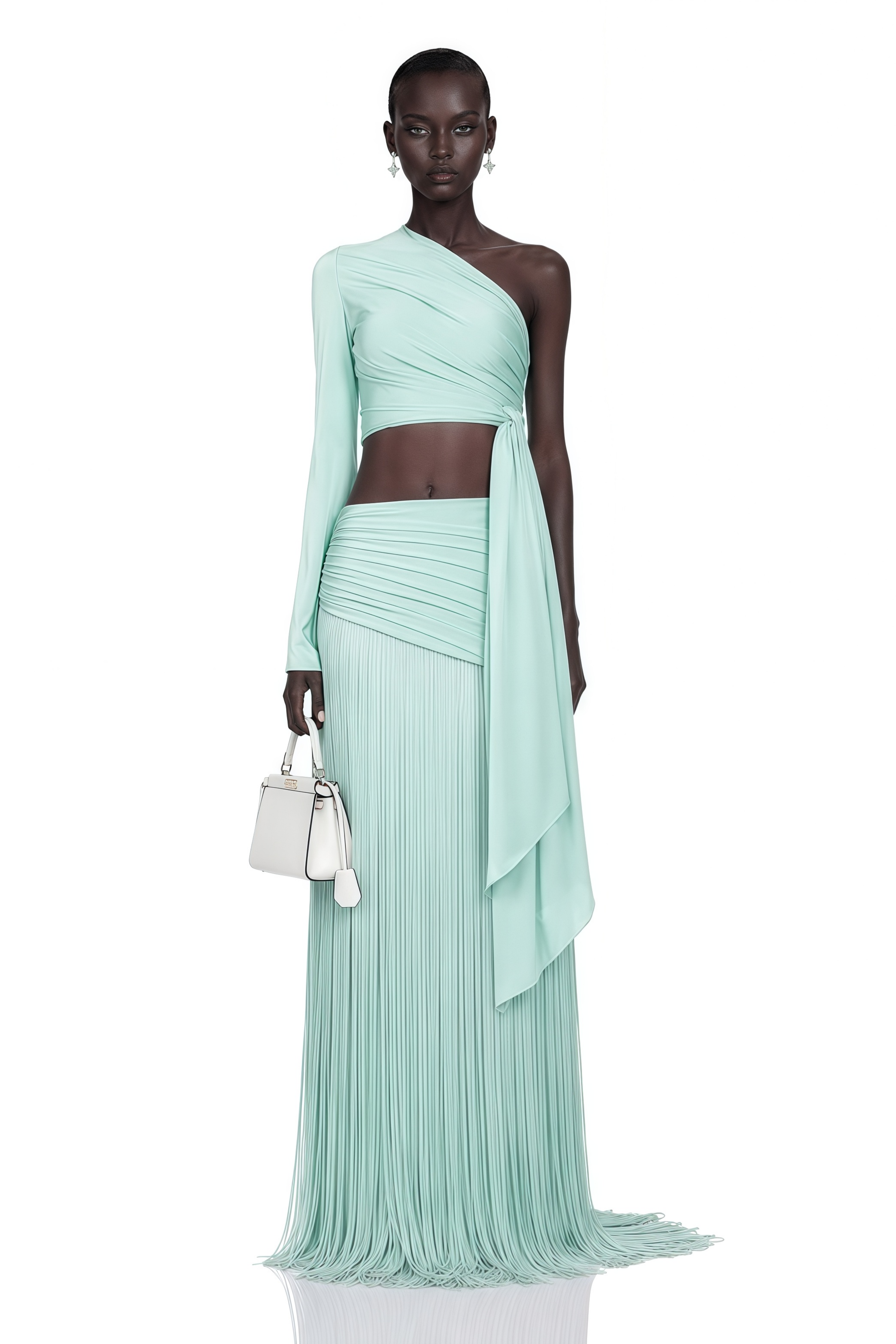 Cybeline Mint Green One-Shoulder Top & Fringe Skirt Set