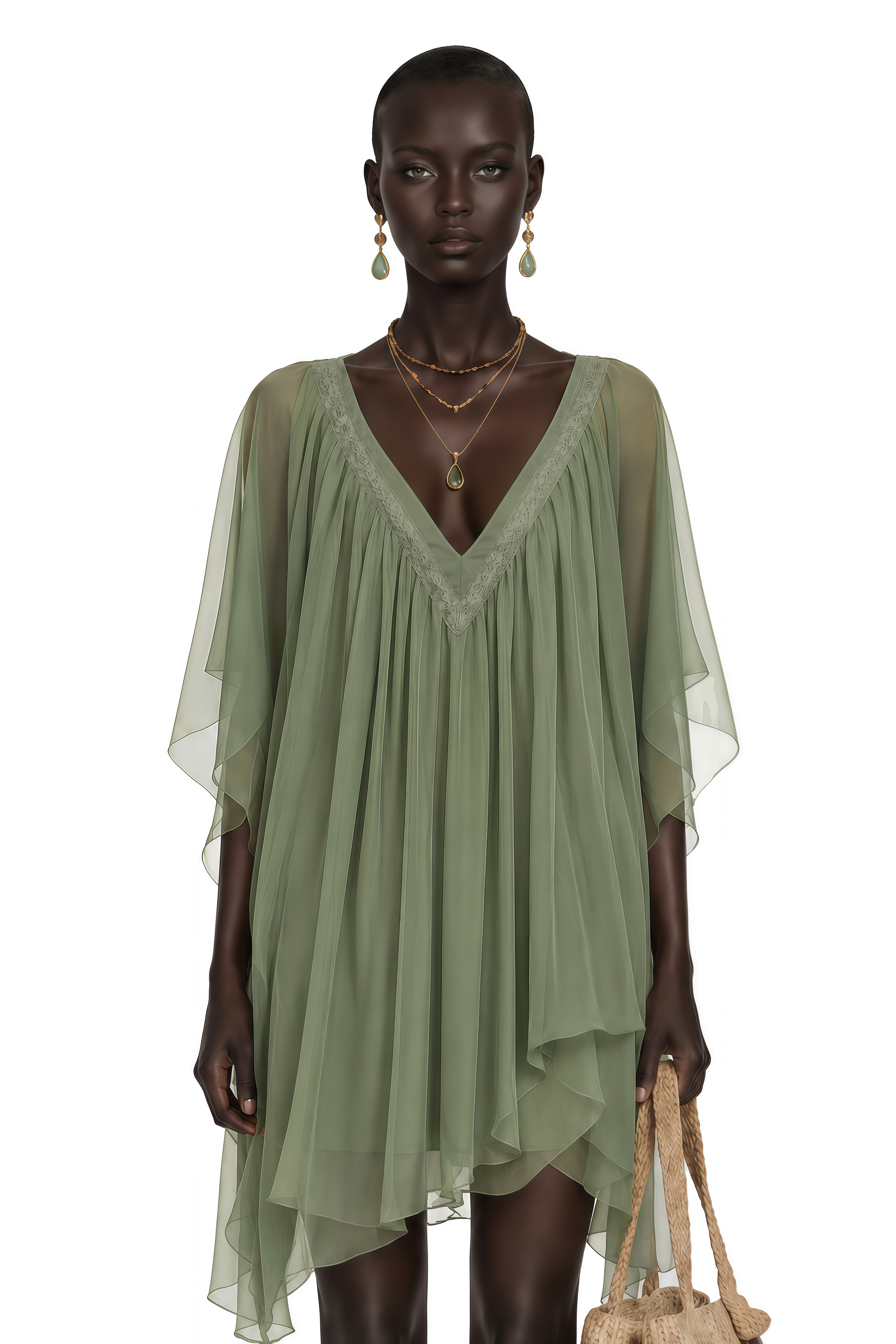 Cyrielle Emerald Green Chiffon Cape Mini Dress
