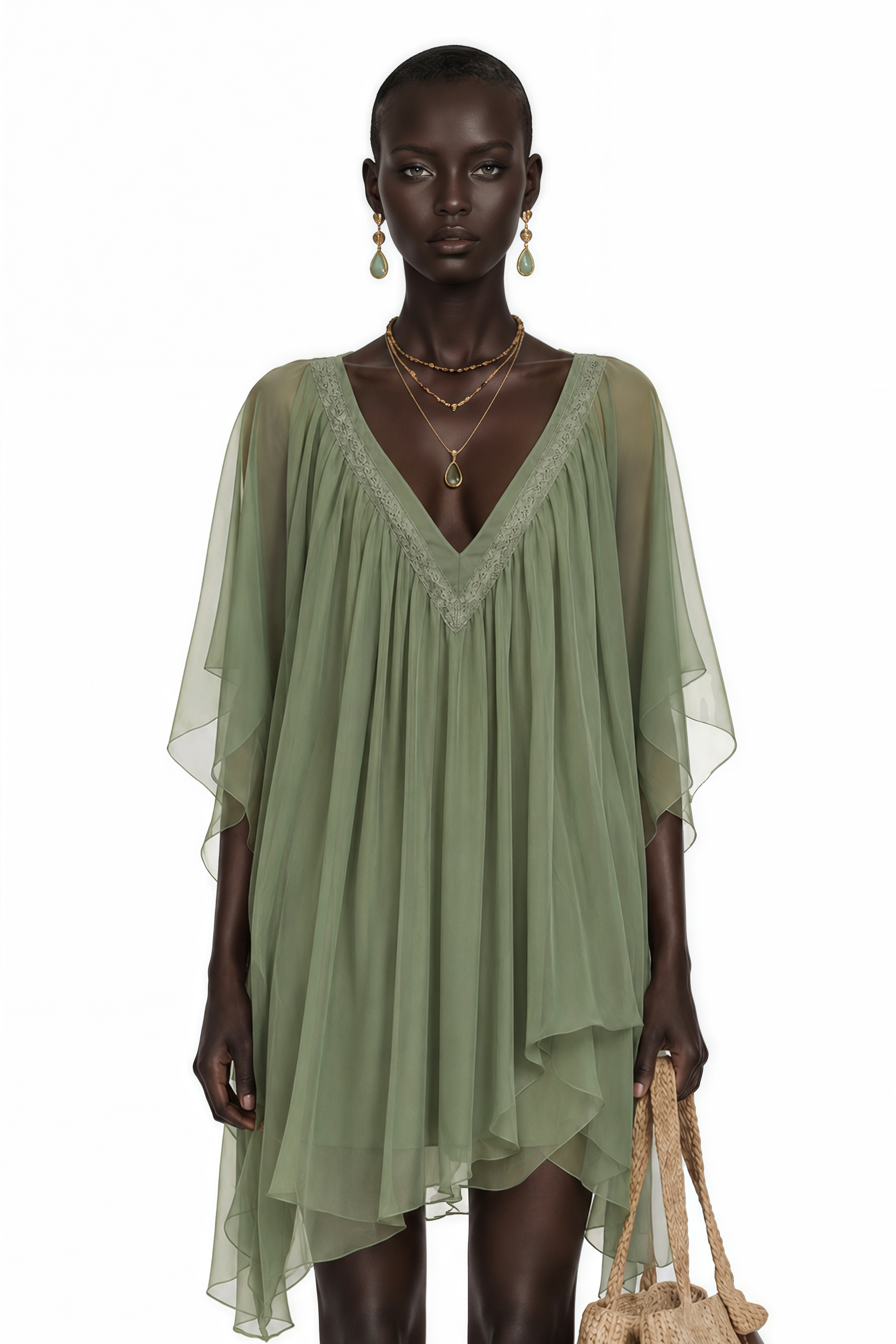 Sage green V-neck chiffon kaftan mini dress with lace trim